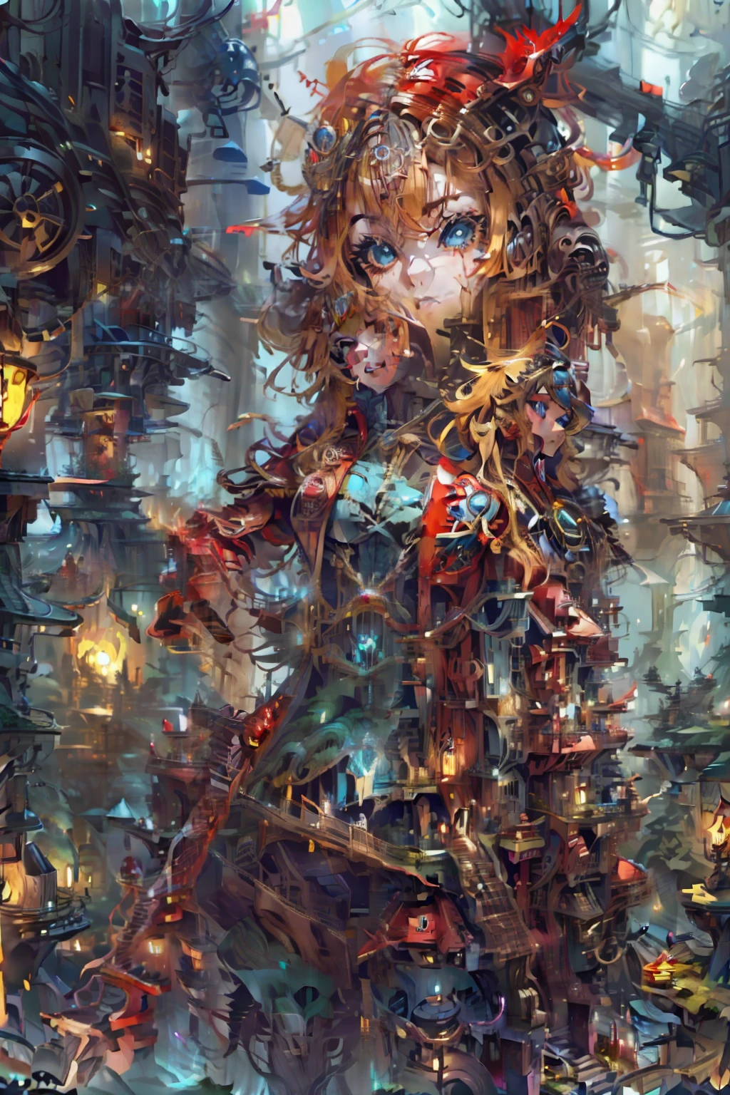 anime character, girl, blond hair, blue eyes, red coat, red hood, dark fantasy, fantasy, steampunk, illustration, 4k, high quality