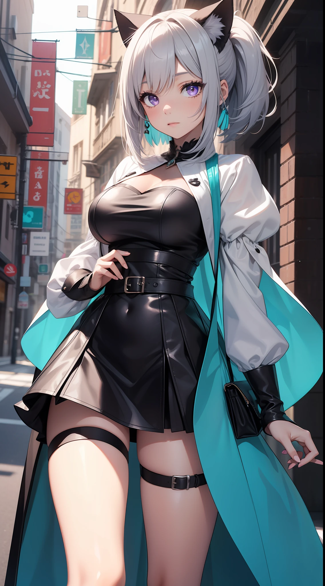 young girl, short gray hair, cat ears, high ponytail, violet eyes, Black leather tight top, white puffy sleeves, black skirt, pantyhouse, turquoise cloak, open breasts, Masterpiece, hiquality