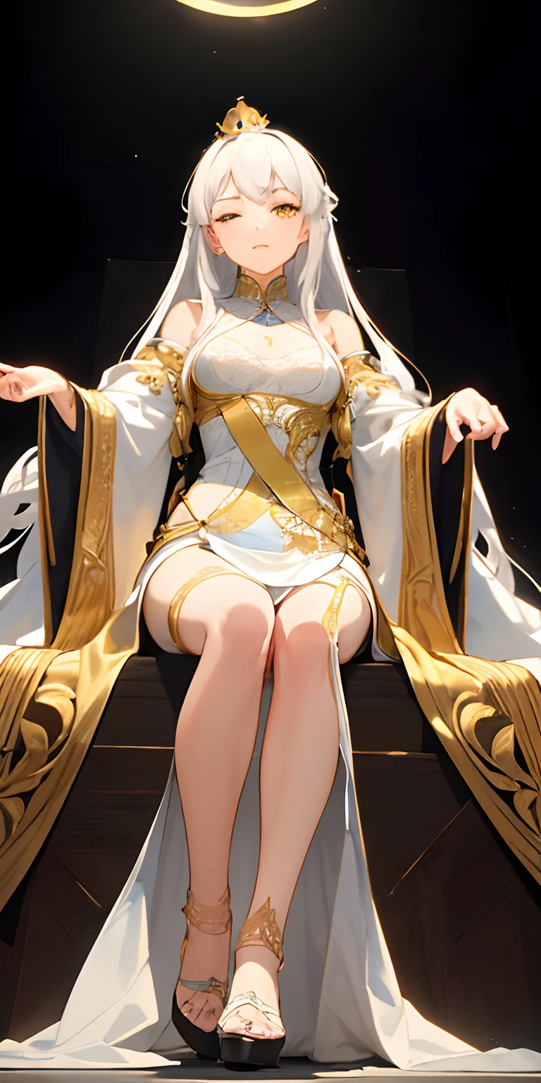 (Masterpiece:1.2), best quality, (illustration:1.2), (ultra-detailed), hyper details, (delicate detailed), (intricate details), (cinematic light, best quality Backlights), clear line, from below, soloist, perfect body, (1girl), white hair and yellow eyes, (emperor, black see-through clothes), (crown: 1.1), sitting on the throne, eyes slightly closed, head down, (shy: 1.2 ), (makeup), high contrast, (best illumination, an extremely create and beautiful), (cinematic light), colorful,