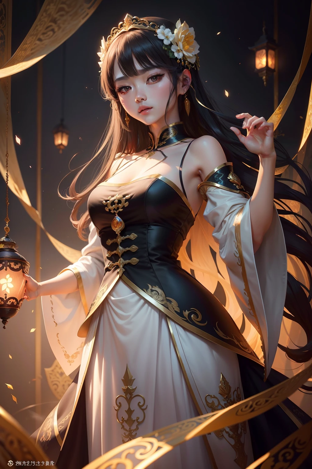 fenghuang,fantasy,Oriental aesthetics,tmasterpiece,top Quority,Extremely colorful,white dresses,Golden wire,vivd colour,Luminescence trajectory 1.2,Shiny skin,1girll,Delicate portrayal of facial features,Peerless beauty,美丽细致的眼睛,Gemstone Eye,Detailed light and shadow,high high quality,tmasterpiece,A masterpiece,florals,magia,chaste,adolable,Cool and elegant female figure,Artistic sense,animation aesthetics,eyeslashes,divino,Hanfu long skirt