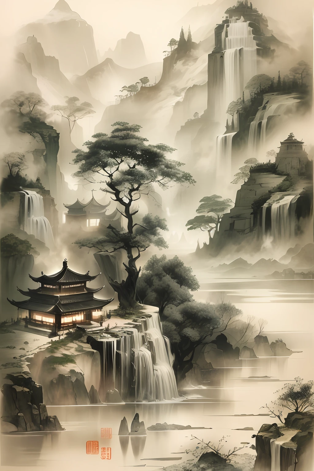 ink and watercolor painting,Draw on rice paper,Use thick and light ink to create light and dark variations and layers,Pick the right ink color,Such as deep black、Thick gray、Light coffee, etc,to express different situations and atmospheres,Control the gradient and transition of ink color by the humidity and consistency of the ink,mont,Eau,the trees,Lake surface,Small broken boat,Bleak, Desolate, Solitude,Black and white tones,dead tree, Traditional Chinese Ink Painting, Traditional Chinese art, author:Guo Xi, author:Ma Yuanyu, Traditional Chinese painting, author:Xu Xi, author:Luo Mu, author:Yang Buzhi, author:Li Kelan, author:Gu An, Ink painting ) ) ) ), Chinese ink painting, Chinese painting style