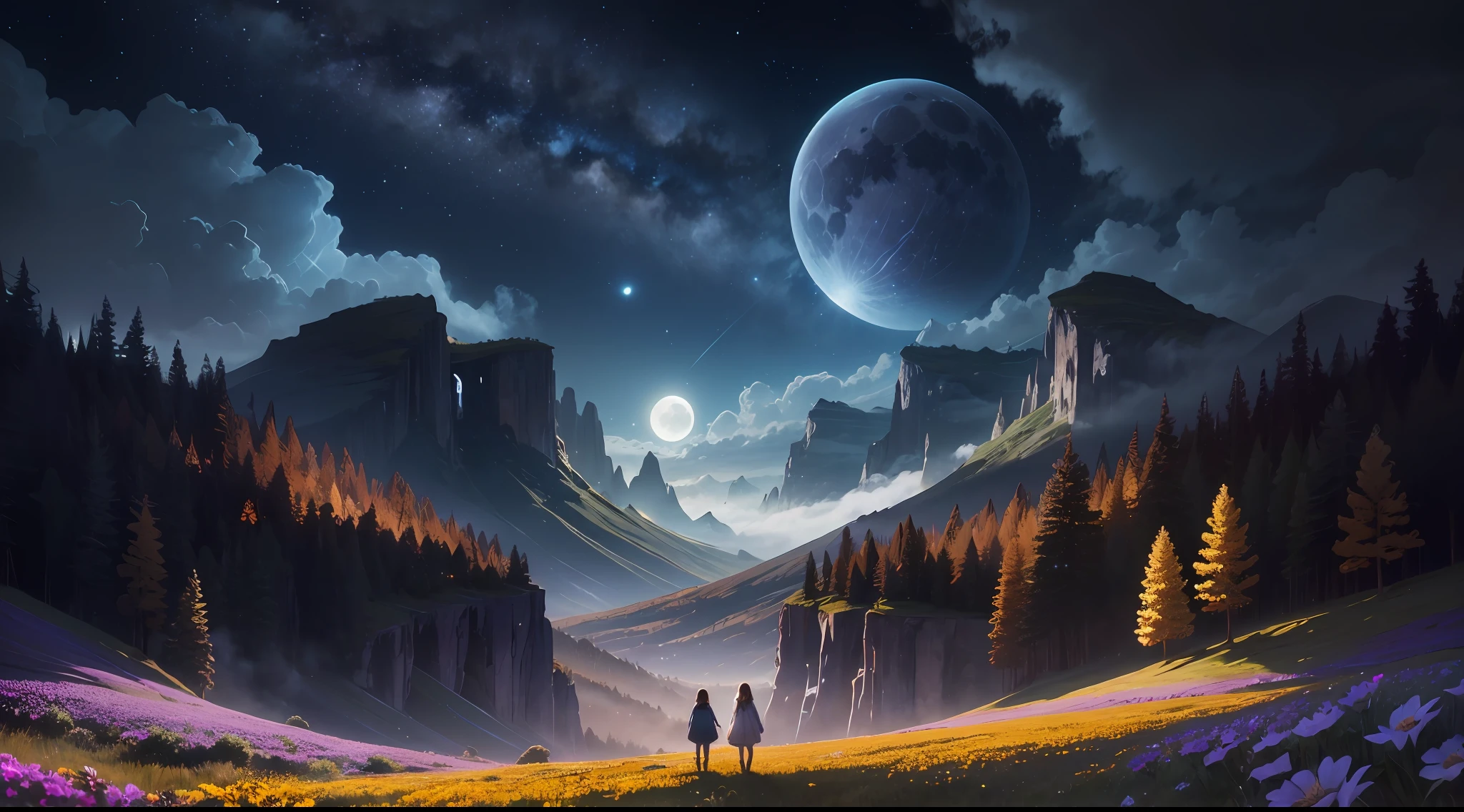 Expansive landscape photograph, (view from below with a view of the sky and the wilderness below), girl standing in a flower field looking up, (full moon: 1.2), (shooting star: 0.9), (nebula: 1.3), distant mountain, tree break production art, (warm light source: 1.2), (firefly: 1.2), lamp, purple and orange, intricate detail, volume lighting BREAK (masterpiece: 1.2), (highest quality ), 4k, ultra-detailed, (dynamic configuration: 1.4), highly detailed and colorful details (iridescent: 1.2), (sparkling lighting, atmospheric lighting), dreamy, magical, (solo: 1.2)