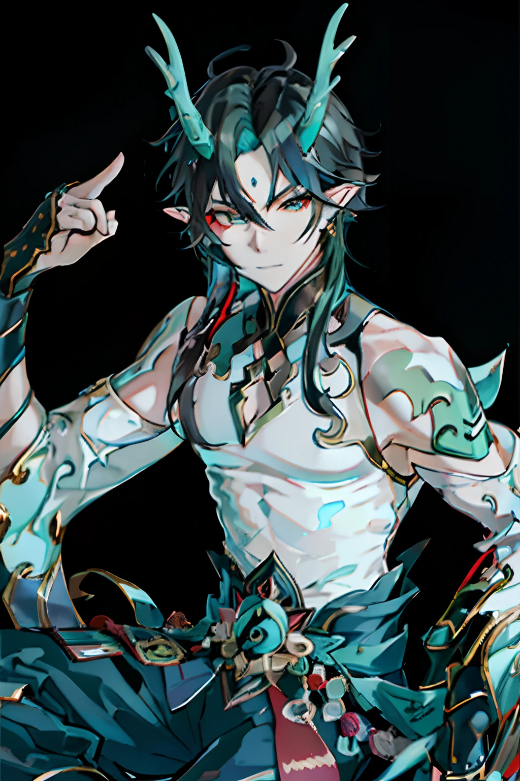 （absurderes，A high resolution，Hyper-detailing，hdr），Dragon's horn，tmasterpiece，best qualtiy，1人，独奏，Handsome，Golden eyes，Fine eyes and detailed face，toppless，Tattooed with，arma，seated on a throne，pervert smirk，Abs，chest muscle，Raised sexy