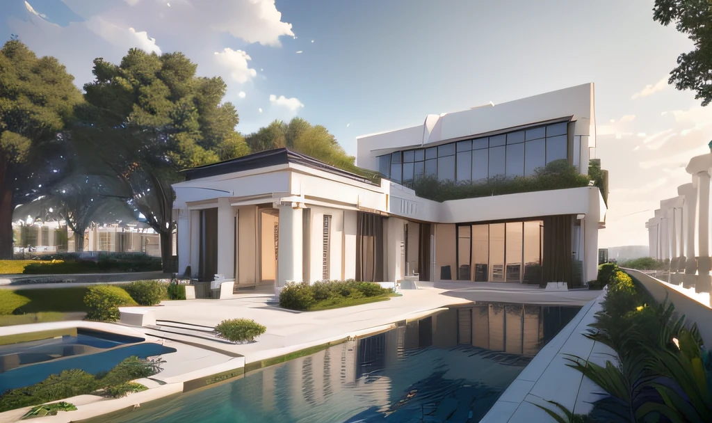 rendering of a modern coffee shop,masterpiece, (photorealistic:1.2), best quality,1 pool , ultra high res,aroud trees exterior,architechture,modern house,white wall, glass windows,,trees,traffic road,design,trees around, blue sky,in the style of realistic hyper-detailed rendering, 32k uhd, luxury neoclassical villa, in the style of neoclassical scenes, hallyu, white, (dark navy roof:1.2), daylight, decorative art nouveau, les nabis, masterpiece,ultra realistic,32k,extremely detailed CG unity 8k wallpaper, best quality
