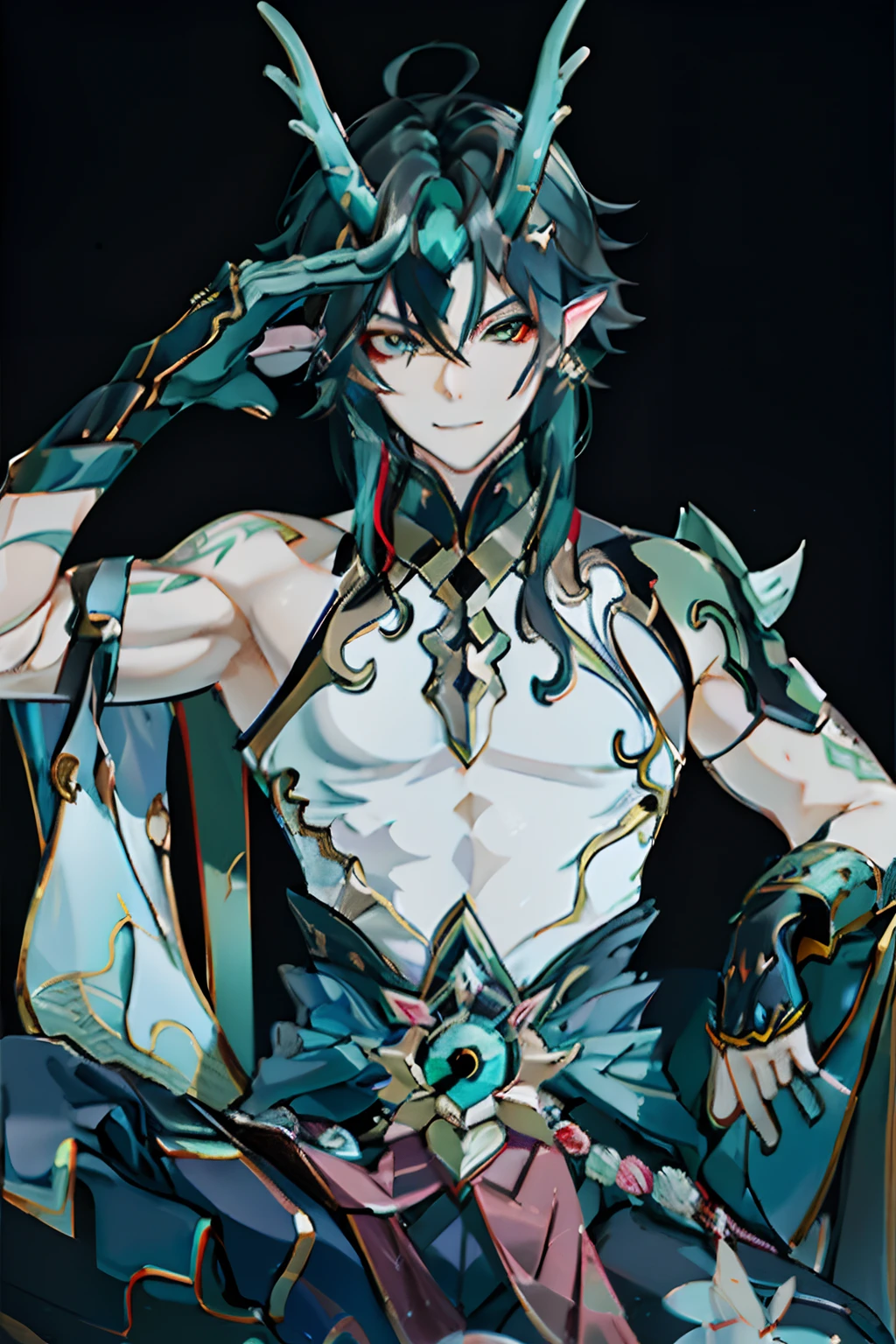 (absurderes,A high resolution,Hyper-detailing,hdr),Dragon's horn,tmasterpiece,best qualtiy,1人,独奏,Handsome,Golden eyes,Fine eyes and detailed face,toppless,Tattooed with,arma,seated on a throne,pervert smirk,Abs,chest muscle,Raised sexy