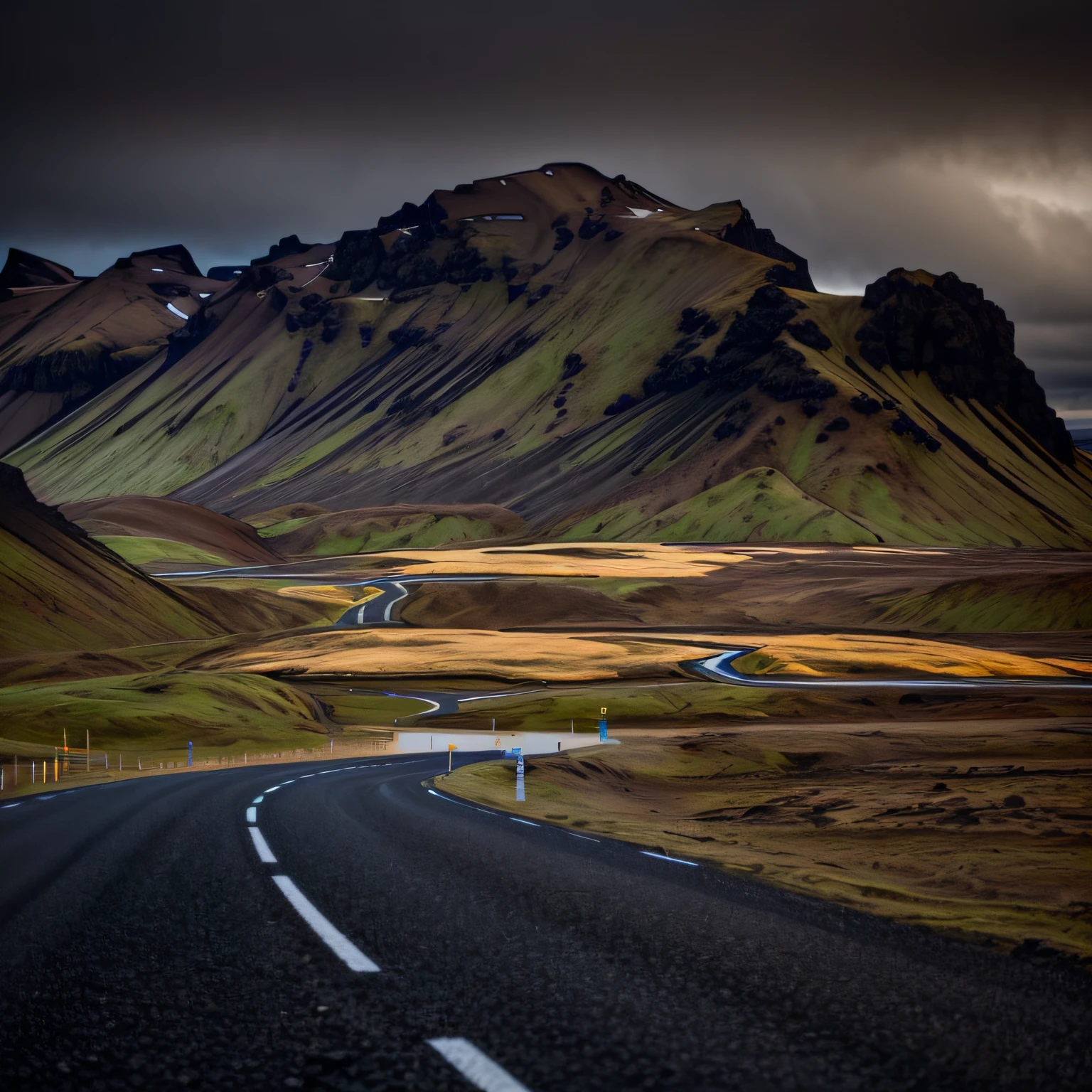 There is a road through the mountains,There are bodies of water, iceland hills in the background, iceland landscape, iceland landscape, an icelandic landscape, road between hills, iceland landscape photography, iceland photography, sci-fi of iceland landscape, icelandic valley, tall mountains in the horizon, accurate roads, Road, eftir Hallsteinn Sigurðsson