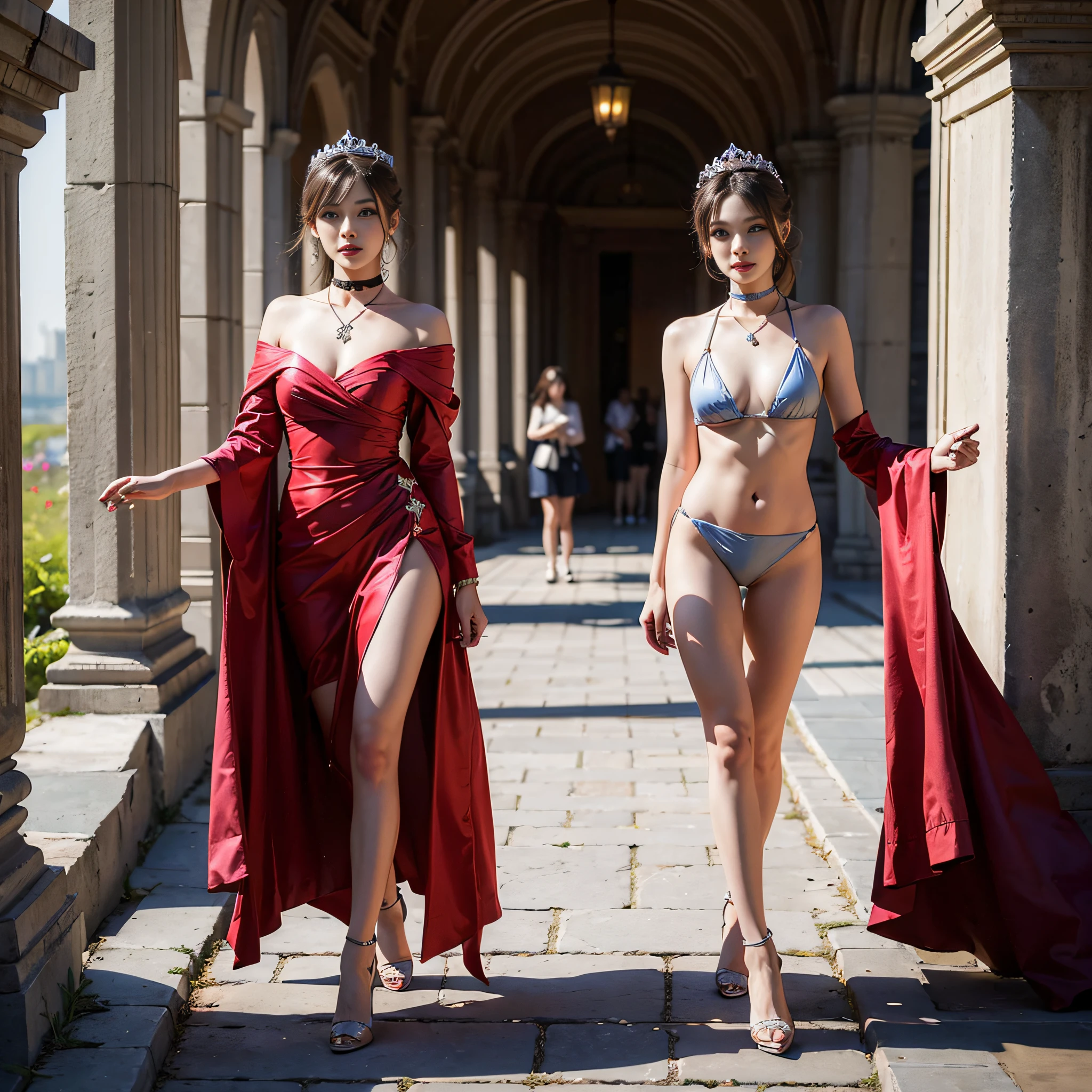 ((masterpiece:1.4)、(top-quality:1.4)、(reallistic:1.7))、Beautiful girl strolling in the garden of an ancient city、y Daughter、Super beautiful girl、1girl in、Dress like a queen、By Luis Royo、age19、Super Ultra Ultra Bikini、Outstanding style、Slender Abs、beauty legs、Beautiful assdetailed eye、beautidful eyes、Raw photo、red-lips、Red high heels、a choker、a necklace、耳Nipple Ring、Ancient City Kingdom Royal Palace Room