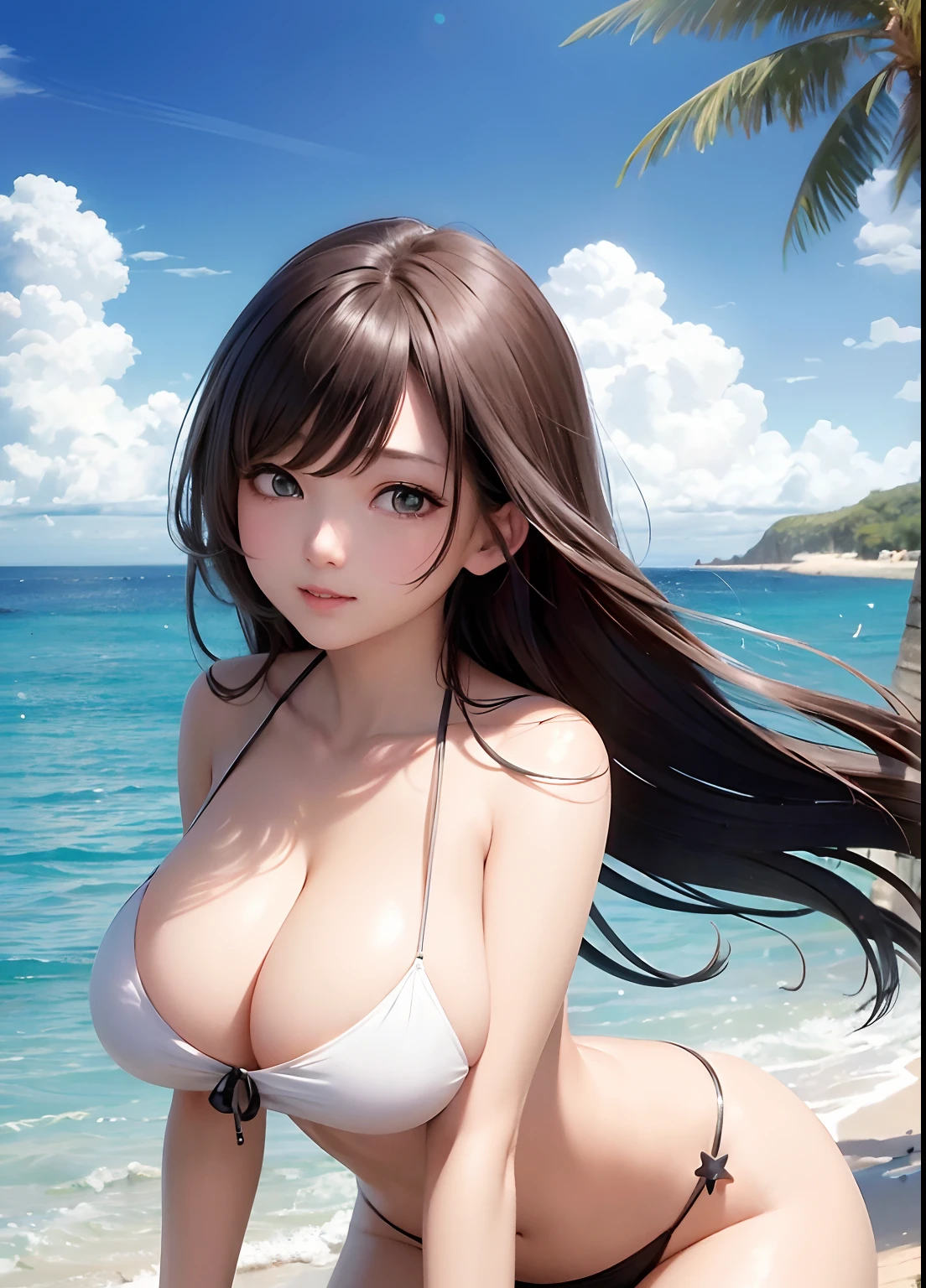 best qualtiy，tmasterpiece，超高分辨率，（realisticlying：1.4），1girll，Raised sexy，（The shirt：1.2），（brassier：1.2），（big cleavage breasts：1.3），（The upper part of the body：1.4），Beach by the sea，in the afternoon，Side Body，huge tit，cleavage，long whitr hair， --auto