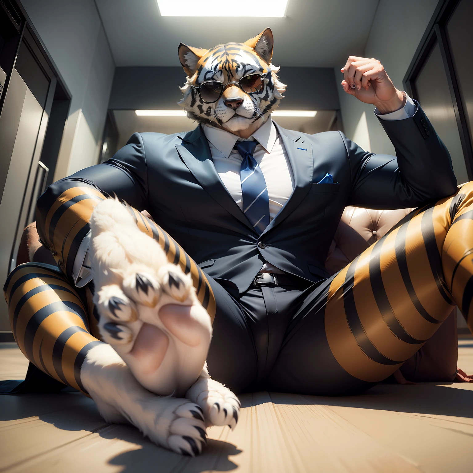 Um lobo com patas de tigre , with suit and sunglasses