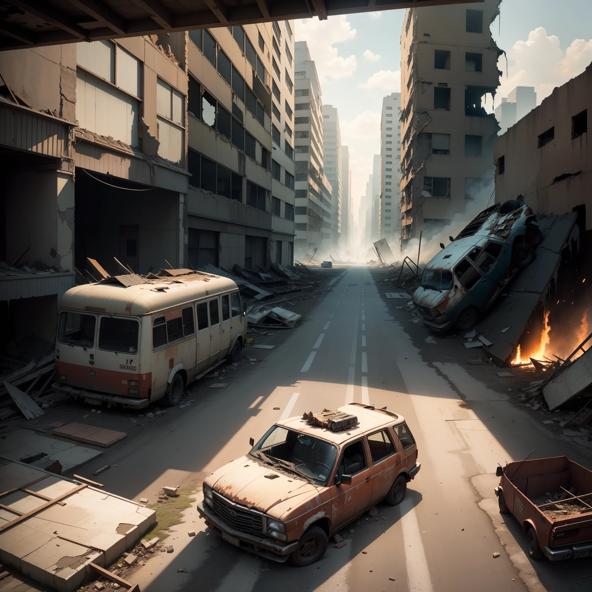 Abandoned cities, Dilapidated roads, Collapsed buildings, Rusty vehicles, Cluttered, Some floors caught fire