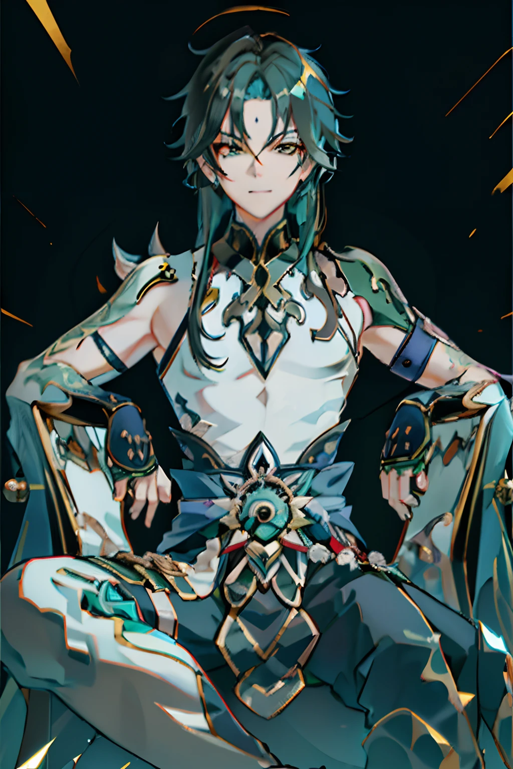 （absurderes，A high resolution，Hyper-detailing，hdr），crown of head，tmasterpiece，best qualtiy，1人，独奏，Handsome，Golden eyes，Fine eyes and detailed face，toppless，Tattooed with，arma，seated on a throne，pervert smirk，