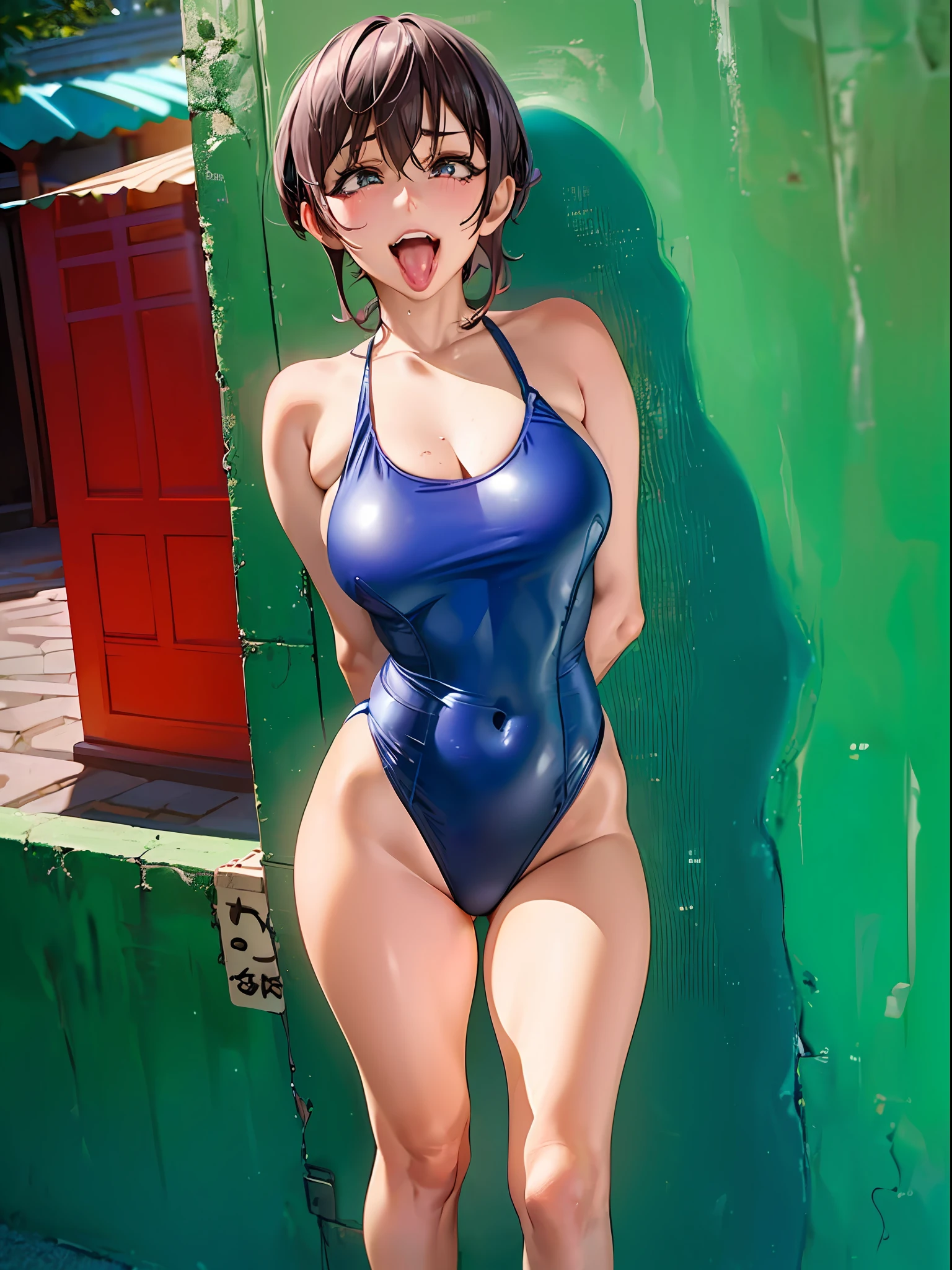 1 girl in、(full body Esbian)、(Colossal tits:1.3)、The upper part of the body、(realisitic:1.7)、((top-quality))、absurderes、(超A high resolution)、(Photorealsitic:1.6)、Photorealsitic、octane renderings、(hyper realisitic:1.2)、(photorealiscic face:1.2)、(8K)、(4K)、(​masterpiece)、(realistic skin textures)、(illustratio、电影灯光、wall-paper)、(Akame)、(beautidful eyes:1.2)、((((face perfect))))、(is standing)、(see the beholder:1.2)、(Ahegao:1.5)、sticking out the tongue、red blush、full of shyness、(cute little)、(length hair)、(((The color of the one-piece swimsuit is dark blue)))、 (onepiece swimsuit)、(arms behind back:1.4)、outside of house