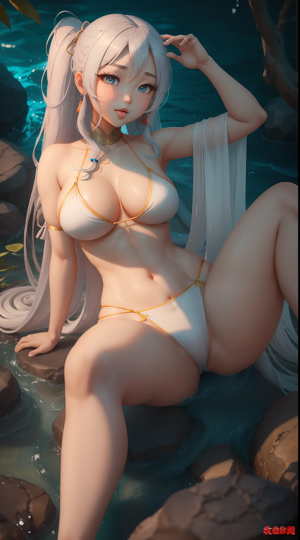 Chinese games《the original god》Female characters in , Her name is Gan Yu,Created after her,She has long blue hair,pony tails,Curved hair,Two strands of hair on both shoulders,Lovely downward curved corners,Abnormally large chest is firm, full, and round,The chest is so big,Almost to the navel,Girl of medium build,,Wear a transparent white bikini,sitting in beach,Facing the camera,In the daytime,Bend and spread your legs,One foot is extended towards the camera,Buckle on the soles of your feet,Slightly shy face,The are beautiful and delicate,Big eyes and watery,Perfect facial contours,Wide mouth sticking out the tongue, There were also a few drops of saliva dripping from the tongue,3D render the scene,Special emphasis is placed on the huge,The kind that overtakes is particularly large,Ultra-high quality, Ultra-high definition --auto