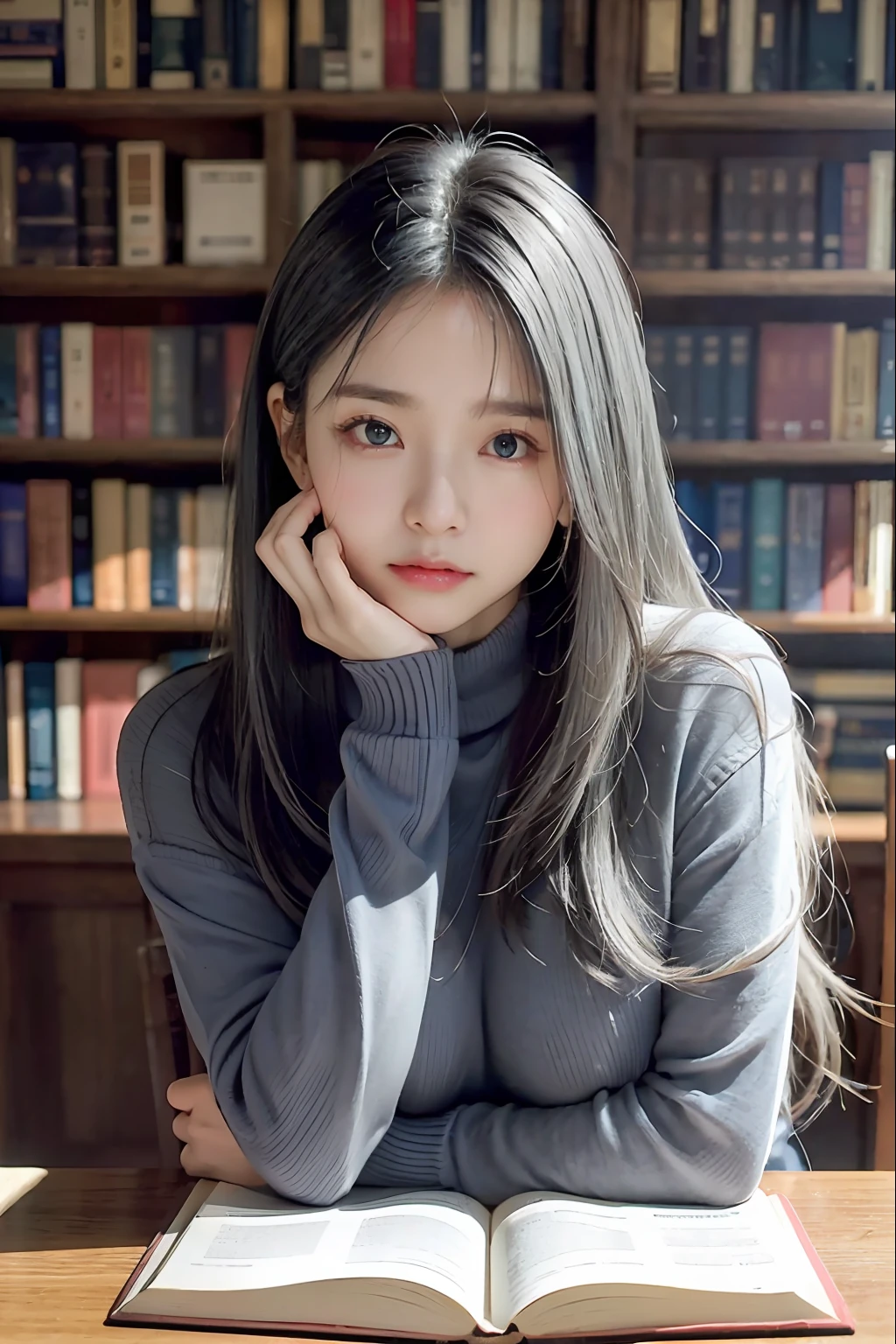 randome pose、top-quality、超A high resolution、(Photorealsitic:1.5)、女の子1人、Dark blue sweater、(long-haired gray hair:1.2)、(huge-breasted:1.2)、book library、looking at viewert、a closeup、full body Esbian、Nasty eyes