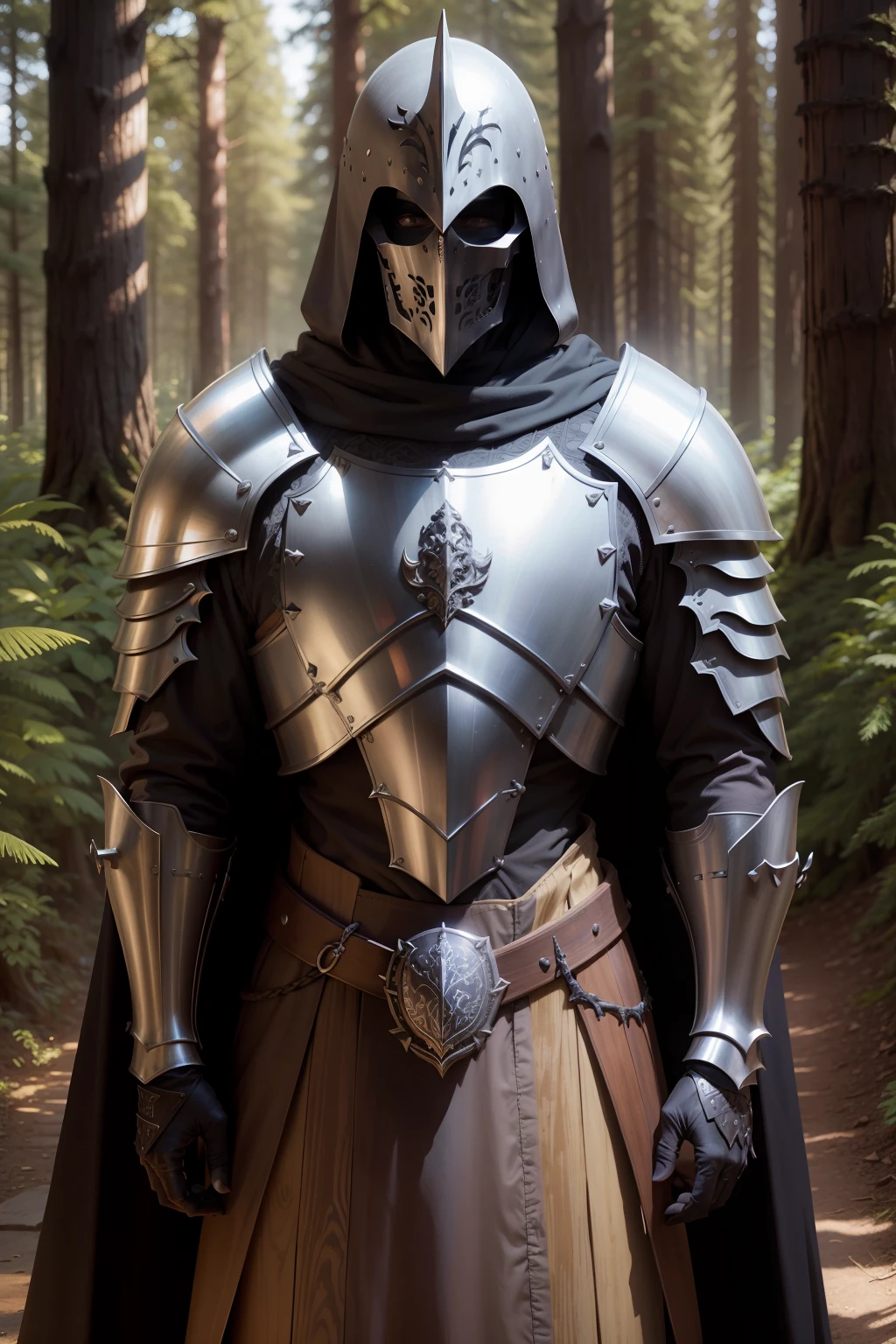 Medieval armor with skeletal structure of rustic wood, envelhecida, Epic backdrop of grassy forest and evergreen light, escudos e espadas espalhados, magical atmosphere.