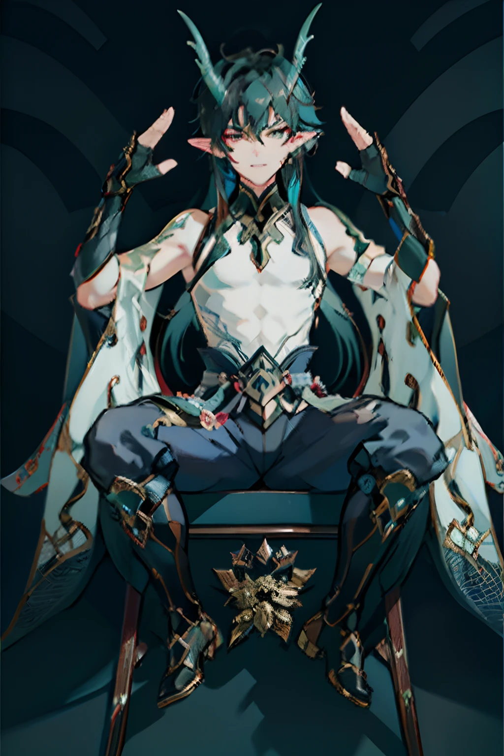 （absurderes，A high resolution，Hyper-detailing，hdr），Dragon's horn，tmasterpiece，best qualtiy，1人，独奏，Handsome，Golden eyes，Fine eyes and detailed face，toppless，Tattooed with，arma，seated on a throne，pervert smirk，Abs，chest muscle，Raised sexy，Ruffian，Full body photo