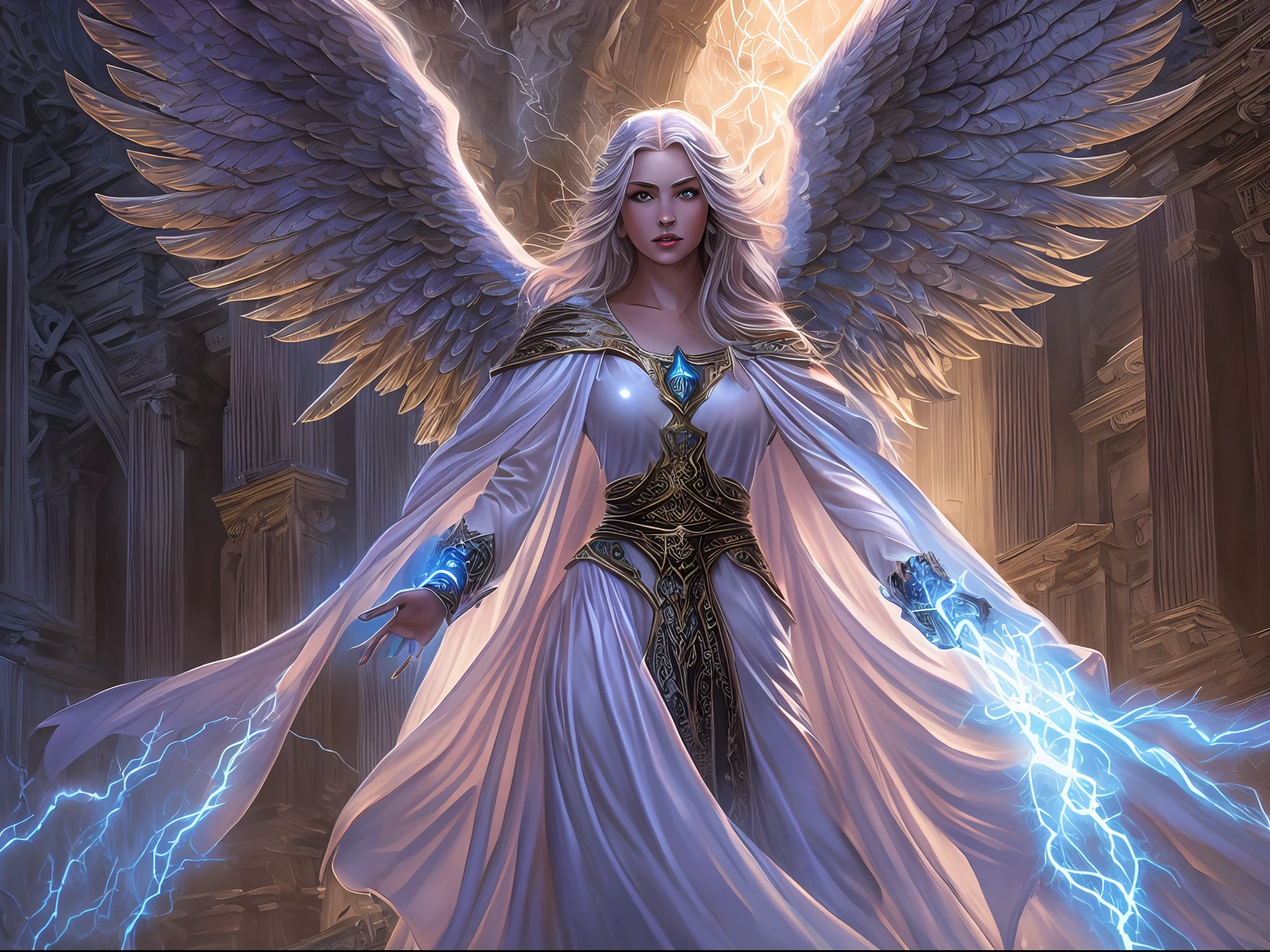 arafed high details, best quality, 8k, [ultra detailed], masterpiece, best quality, (extremely detailed), dynamic angle, ultra wide shot, photorealistim, RAW, fantasy art, dnd art, fantasy art, realistic art, a wide angle picture of a female aasimar sorceress casting a lightning spell, full body  (intense details, Masterpiece, best quality), D&D aasimar, exremley beautiful female aasimar, silver hair, long hair, wavy hair, dynamic eyes color, angelic eyes, radiant magical eyes, ultra detailed face (intense details, Masterpiece, best quality), spread angelic wings, white angelic wings (intense details, Masterpiece, best quality),  wearing [black] robe, wearing blue cloak, long cloak, flowing cloak with lightning motifs (intense details, Masterpiece, best quality), armed with magical staff (intense details, Masterpiece, best quality), manipulating lightning magical energy (intense details, Masterpiece, best quality), controlling lightning, dark fantasy magical tower background, evil temple background (intense details, Masterpiece, best quality), ready for action