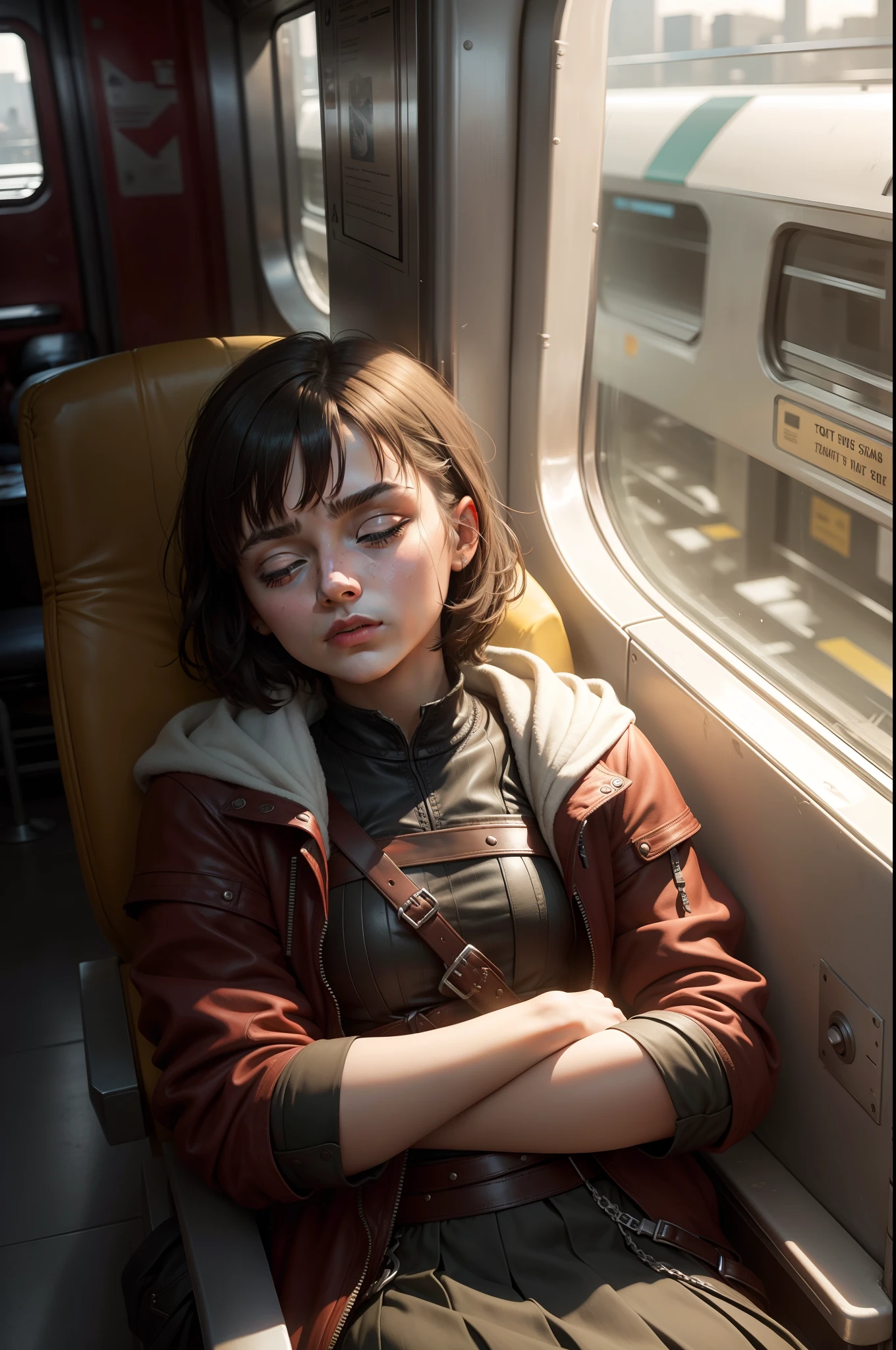 arya stark from games of throne taking a power nap in modern city, while sitting in subway greater seat, holding sword in on hand
