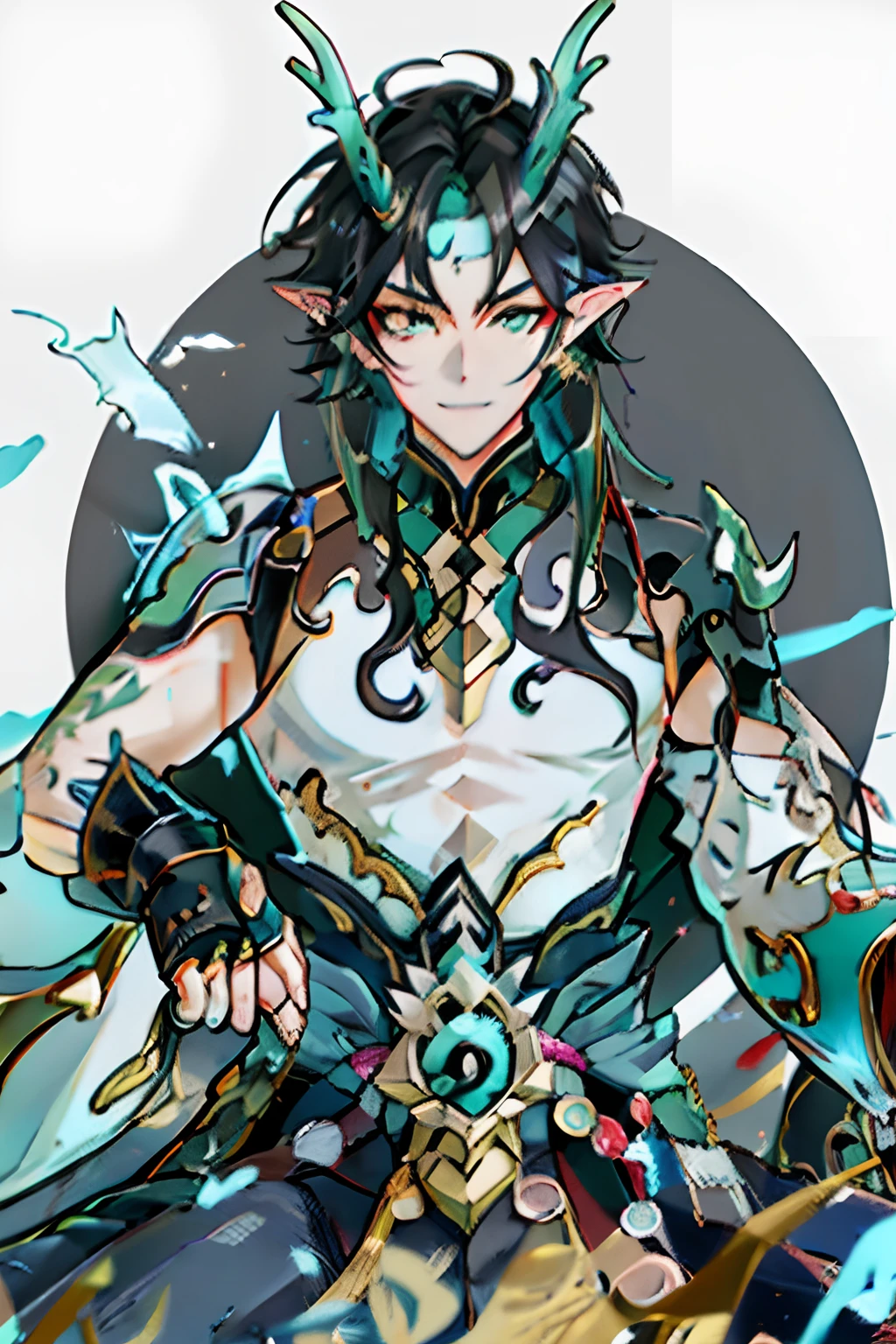 (absurderes,A high resolution,Hyper-detailing,hdr),Dragon's horn,tmasterpiece,best qualtiy,1人,独奏,Handsome,Golden eyes,Fine eyes and detailed face,toppless,Tattooed with,arma,seated on a throne,pervert smirk,Abs,chest muscle,Raised sexy,Ruffian,