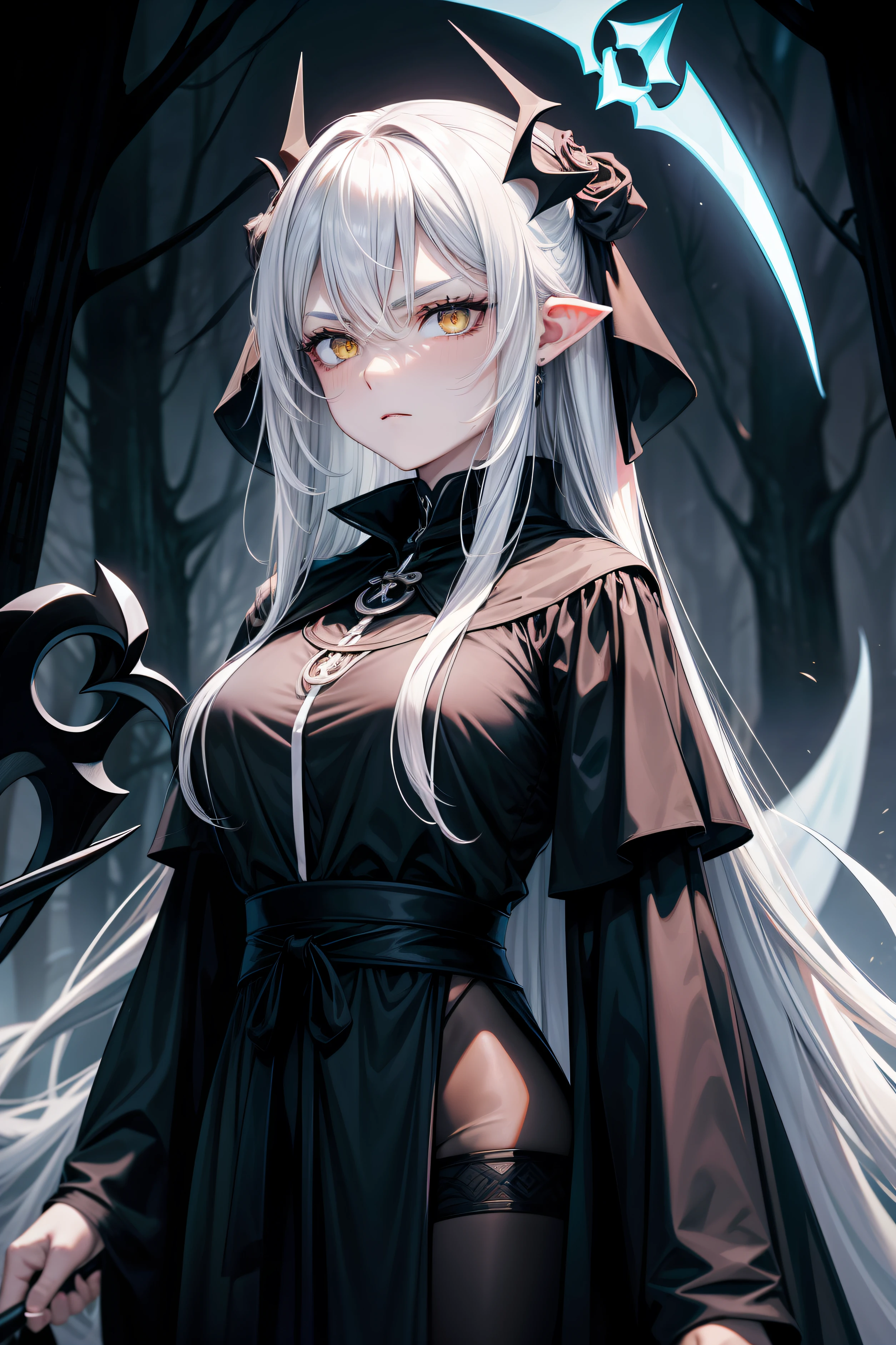 A mature woman, Wearing a black robe, Black hood, The lower body is a black ghost, Holding a sickle made of huge white bone, There is a huge blue gemstone at the end of the scythe handle, correct, is in night, In the dead woods, The sky is overcast, face expressionless, Silver hair, Long hair, side locks, Yellow eyes, wide-eyed, eyebrows behind the hair, Scowl, jitome, Bright pupils, Super detail, Award-Awarded, Best quality, ccurate