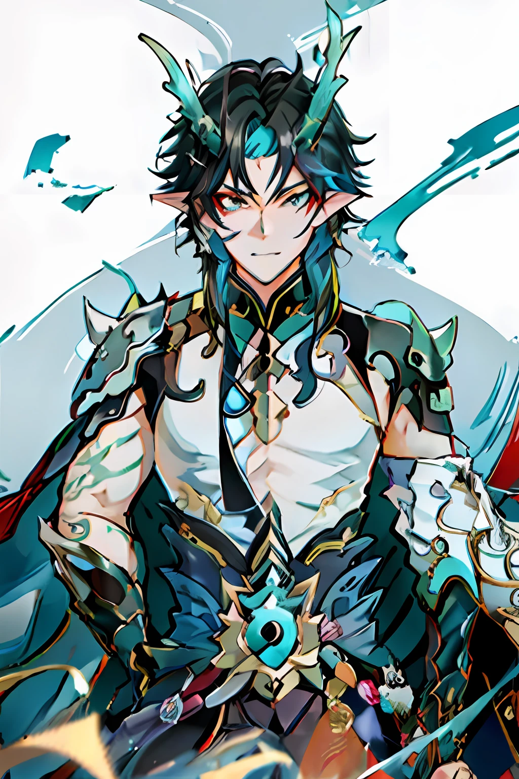 (absurderes,A high resolution,Hyper-detailing,hdr),Dragon's horn,tmasterpiece,best qualtiy,1人,独奏,Handsome,Golden eyes,Fine eyes and detailed face,toppless,Tattooed with,arma,seated on a throne,pervert smirk,Abs,chest muscle,Raised sexy,Ruffian,
