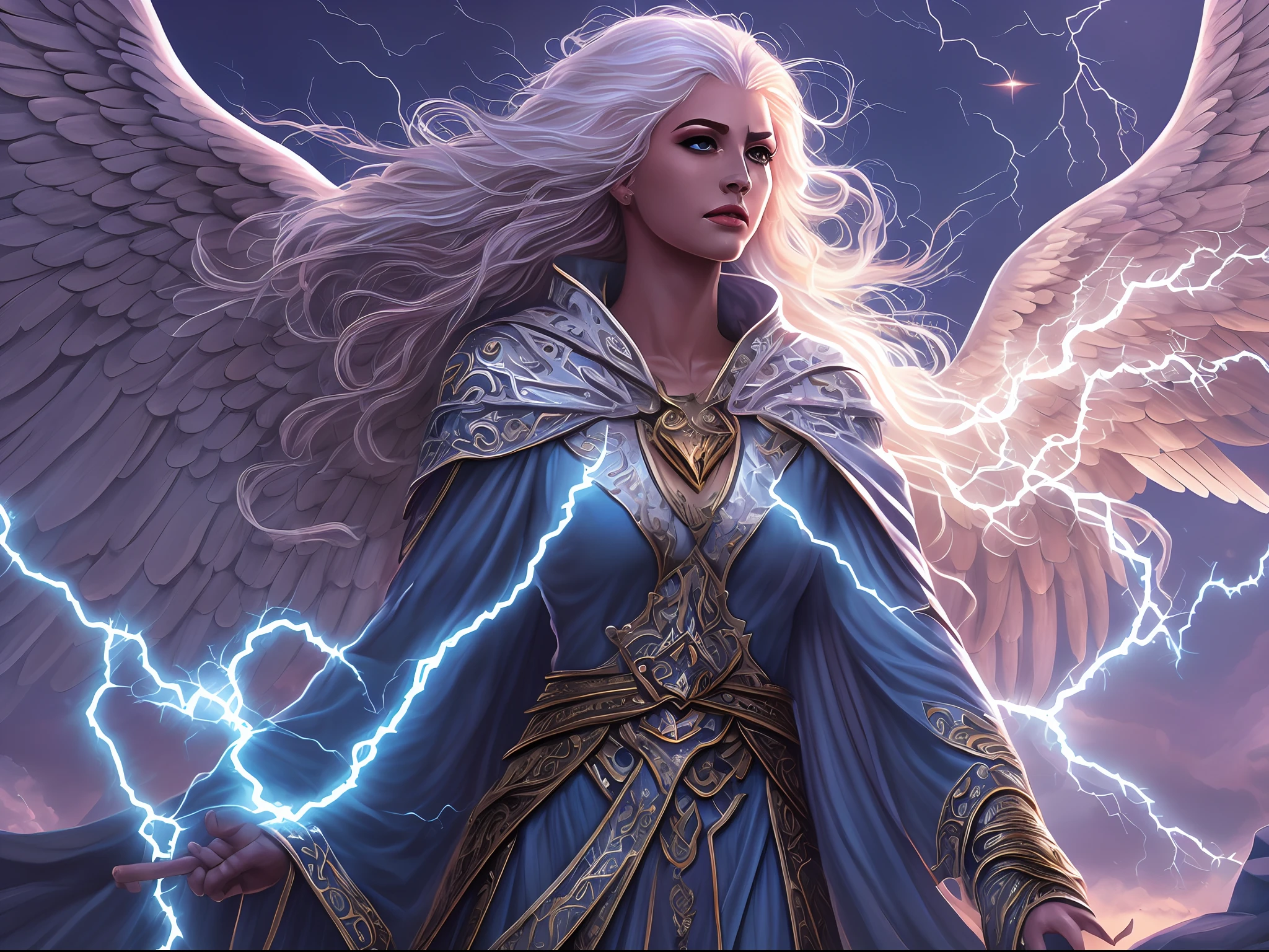 arafed high details, best quality, 8k, [ultra detailed], masterpiece, best quality, (extremely detailed), dynamic angle, ultra wide shot, photorealistim, RAW, fantasy art, dnd art, fantasy art, realistic art, a wide angle picture of a female aasimar sorceress casting a lightning spell, full body  (intense details, Masterpiece, best quality), D&D aasimar, exremley beautiful female aasimar, silver hair, long hair, wavy hair, dynamic eyes color, angelic eyes, radiant magical eyes, ultra detailed face (intense details, Masterpiece, best quality), spread angelic wings, white angelic wings (intense details, Masterpiece, best quality),  wearing [black] robe, wearing blue cloak, long cloak, flowing cloak with lightning motifs (intense details, Masterpiece, best quality), armed with magical staff (intense details, Masterpiece, best quality), manipulating lightning magical energy (intense details, Masterpiece, best quality), controlling lightning, dark fantasy magical tower background, evil temple background (intense details, Masterpiece, best quality), ready for action