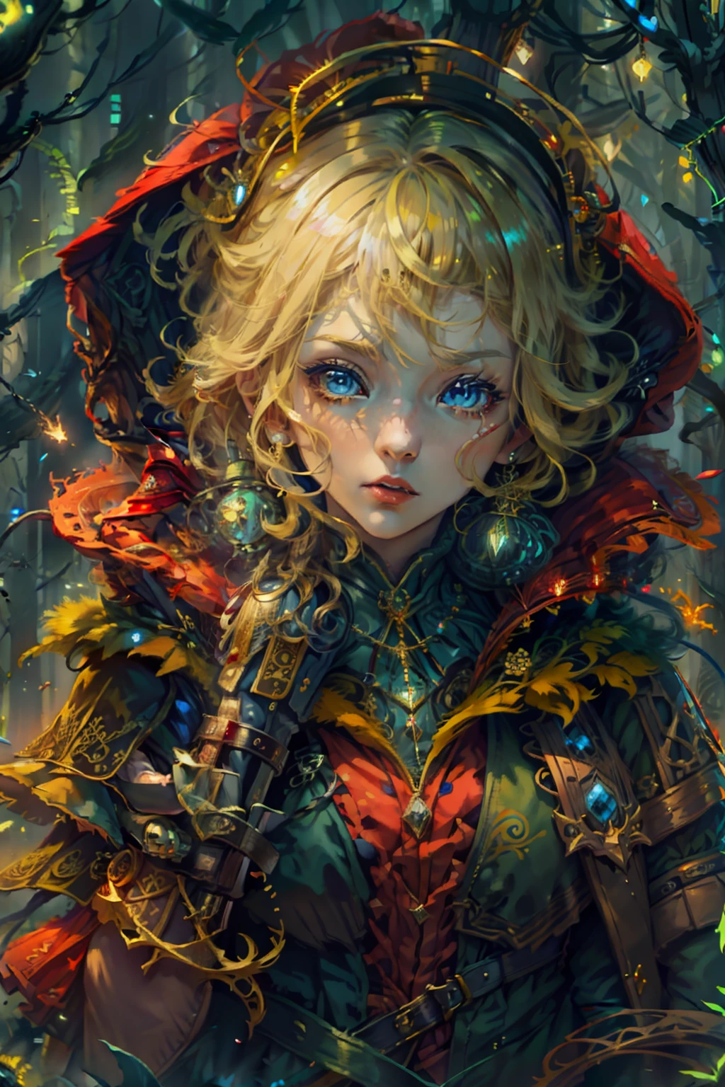 Anime character, Girl, blond hair, blue eyes, red coat, Red Hood, Dark Fantasy, Fantasy, steampunc, illustartion, 4k, hiquality