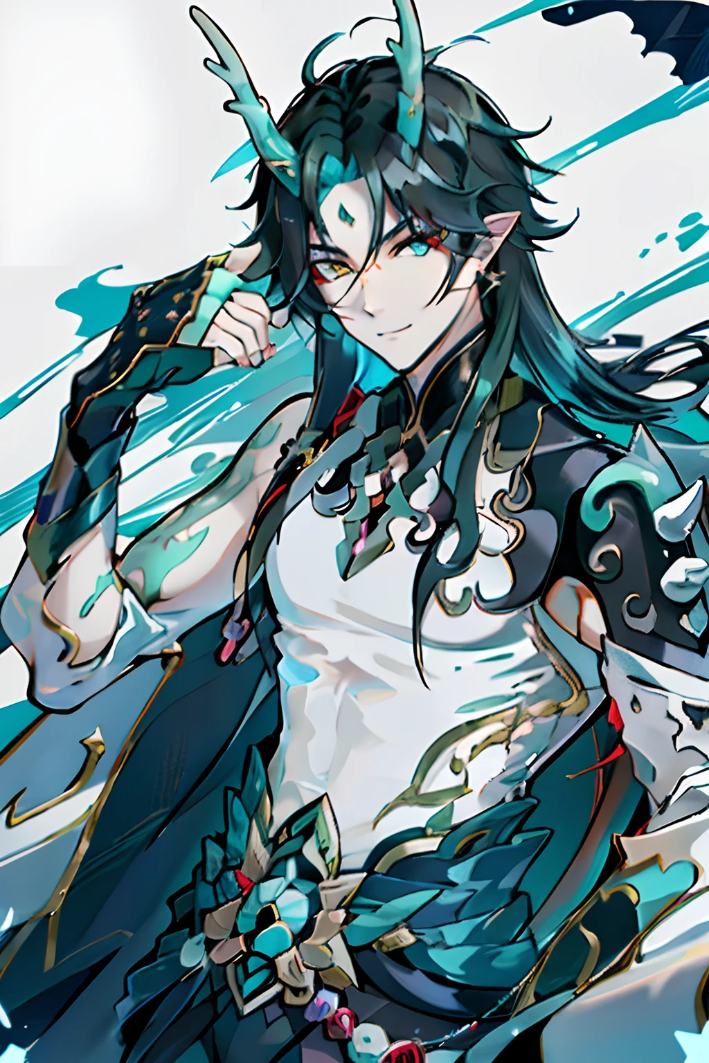 （absurderes，A high resolution，Hyper-detailing，hdr），Dragon's horn，tmasterpiece，best qualtiy，1人，独奏，Handsome，Golden eyes，Fine eyes and detailed face，toppless，Tattooed with，arma，pervert smirk，Abs，chest muscle，Raised sexy，Ruffian，