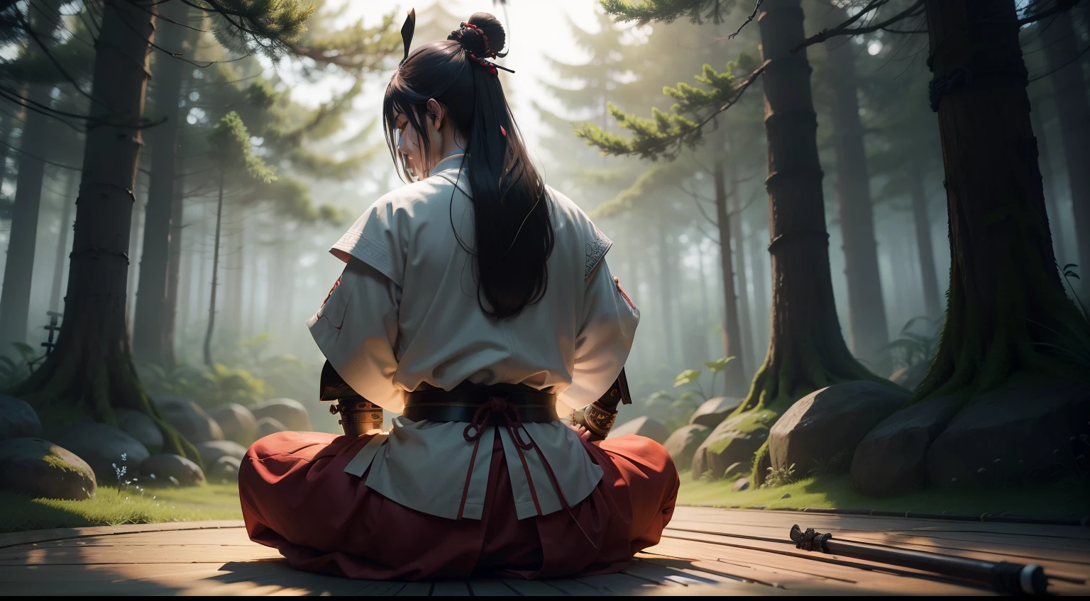Samurai meditando na floresta, imagem ultra realista