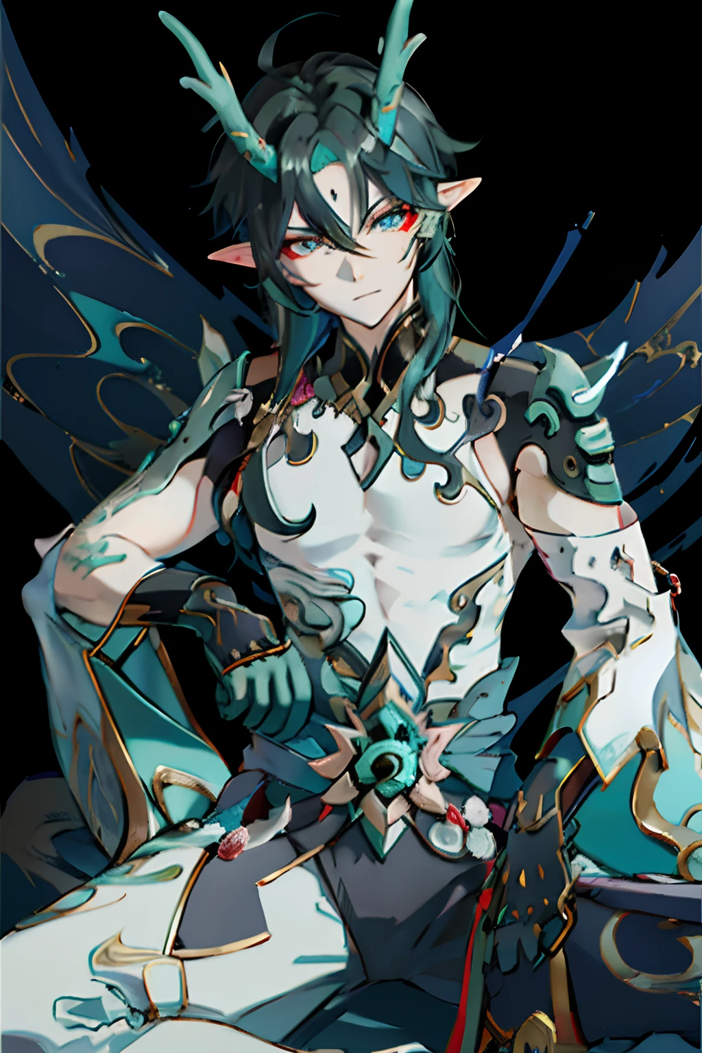 （absurderes，A high resolution，Hyper-detailing，hdr），Dragon's horn，tmasterpiece，best qualtiy，1人，独奏，Handsome，Golden eyes，Fine eyes and detailed face，toppless，Tattooed with，arma，seated on a throne，pervert smirk，Abs，chest muscle，Raised sexy，Ruffian