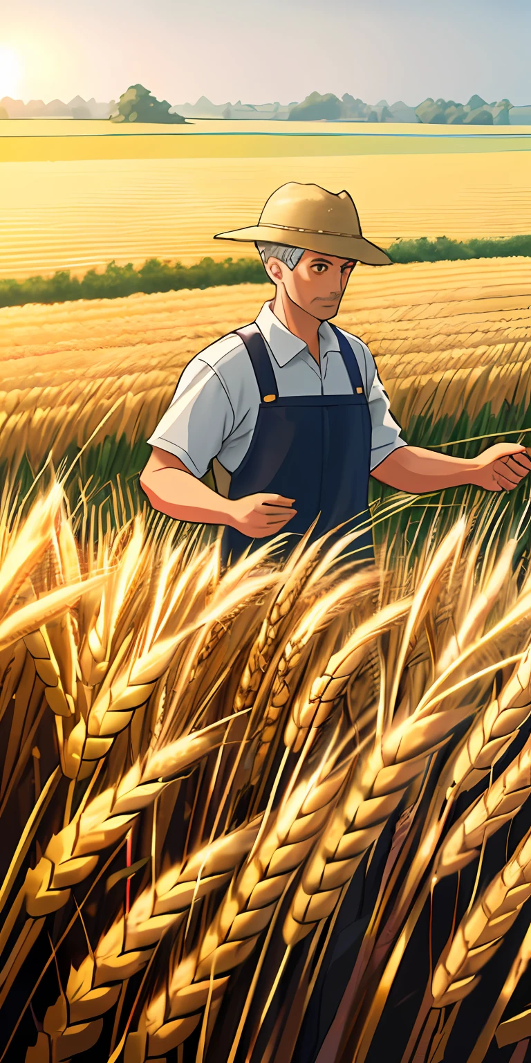 An old farmer，In the harvest of wheat（The is very detailed的 CG unified 8k 壁纸）（best qualtiy），（Most Best Illustration），（best shadow）Harvest wheat naturally，Super meticulous，People work in the fields --v6
