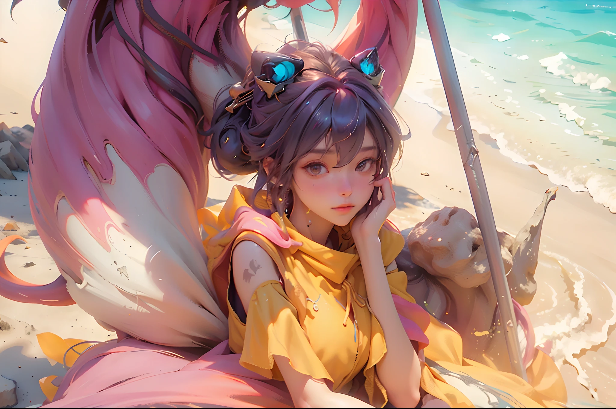 ((Best quality)), ((masterpiece)), (detailed:1.4), 3D, an image of a beautiful cyberpunk female,HDR (High Dynamic Range),Ray Tracing,NVIDIA RTX,Super-Resolution,Unreal 5,Subsurface scattering,PBR Texturing,Post-processing,Anisotropic Filtering,Depth-of-field,Maximum clarity and sharpness,Multi-layered textures,Albedo and Specular maps,Surface shading,Accurate simulation of light-material interaction,Perfect proportions,Octane Render,Two-tone lighting,Wide aperture,Low ISO,White balance,Rule of thirds,8K RAW,Masterpiece, best quality, (8k very detailed CG unit wallpaper) (best quality), (best illustration), (best shading) a golden sea wave, bright orange aol sunset through the wave, golden water drops flying, (:1. 6),