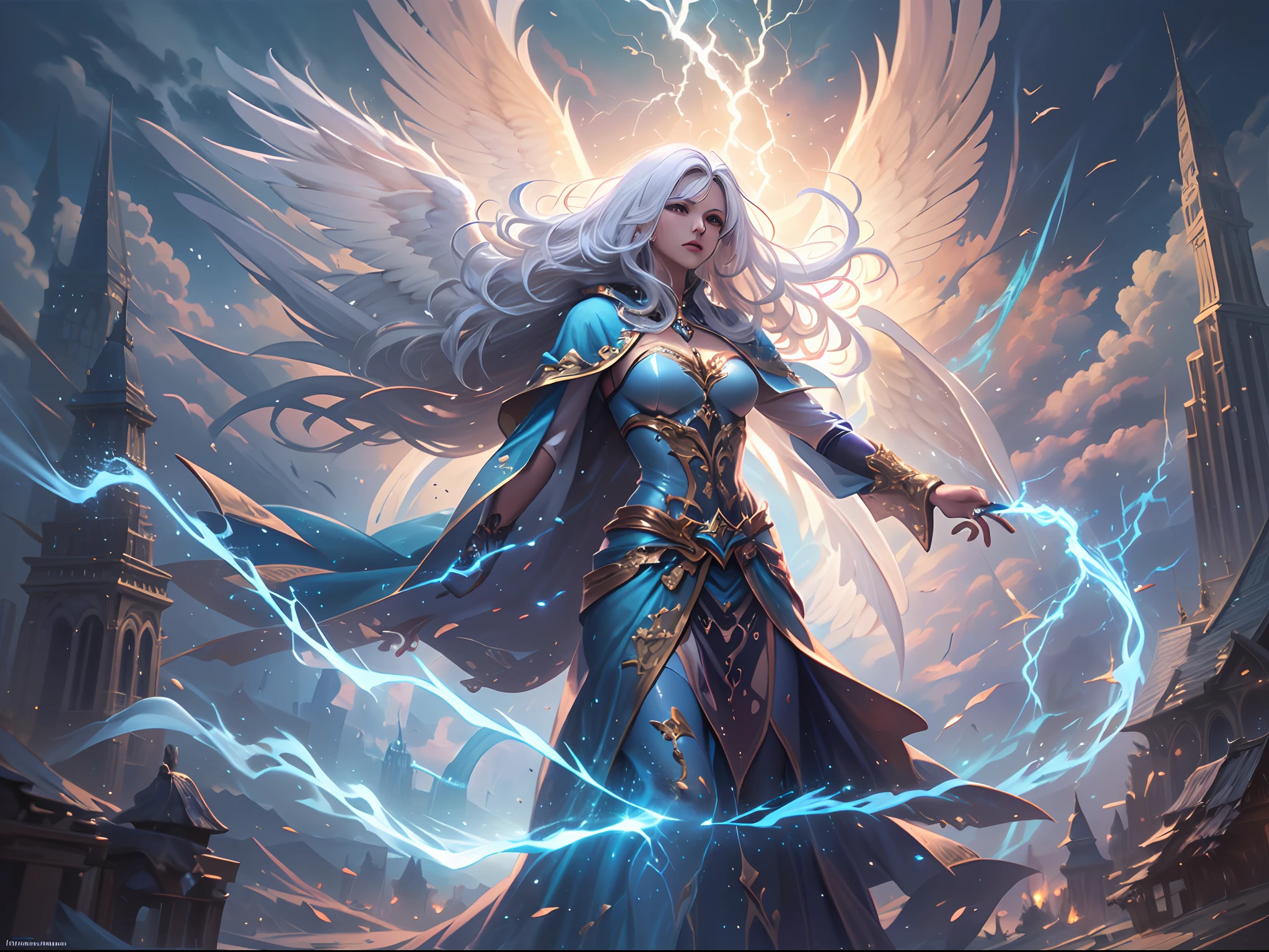 arafed high details, best quality, 8k, [ultra detailed], masterpiece, best quality, (extremely detailed), dynamic angle, ultra wide shot, photorealistim, RAW, fantasy art, dnd art, fantasy art, realistic art, a wide angle picture of a female aasimar sorceress casting a lightning spell, full body  (intense details, Masterpiece, best quality), D&D aasimar, exremley beautiful female aasimar, silver hair, long hair, wavy hair, dynamic eyes color, angelic eyes, radiant magical eyes, ultra detailed face (intense details, Masterpiece, best quality), spread angelic wings, white angelic wings (intense details, Masterpiece, best quality),  wearing [black] robe, wearing blue cloak, long cloak, flowing cloak with lightning motifs (intense details, Masterpiece, best quality), armed with magical staff (intense details, Masterpiece, best quality), manipulating lightning magical energy (intense details, Masterpiece, best quality), controlling lightning, dark fantasy magical tower background, evil temple background (intense details, Masterpiece, best quality), ready for action