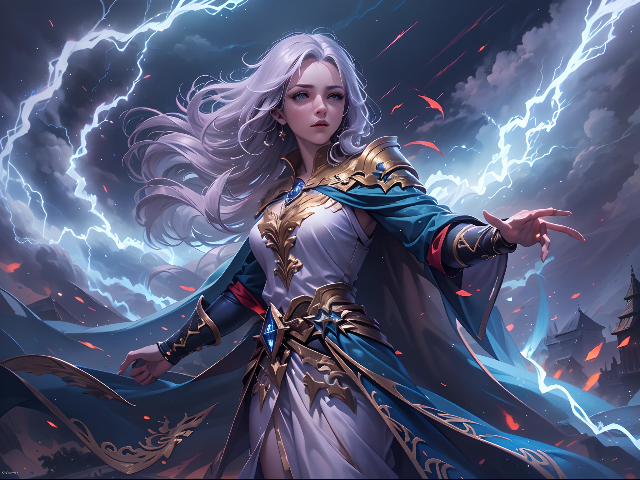 arafed high details, best quality, 8k, [ultra detailed], masterpiece, best quality, (extremely detailed), dynamic angle, ultra wide shot, photorealistim, RAW, fantasy art, dnd art, fantasy art, realistic art, a wide angle picture of a female aasimar sorceress casting a lightning spell, full body  (intense details, Masterpiece, best quality), D&D aasimar, exremley beautiful female aasimar, silver hair, long hair, wavy hair, dynamic eyes color, angelic eyes, radiant magical eyes, ultra detailed face (intense details, Masterpiece, best quality), spread angelic wings, white angelic wings (intense details, Masterpiece, best quality),  wearing [black] robe, wearing blue cloak, long cloak, flowing cloak with lightning motifs (intense details, Masterpiece, best quality), armed with magical staff (intense details, Masterpiece, best quality), manipulating lightning magical energy (intense details, Masterpiece, best quality), controlling lightning, dark fantasy magical tower background, evil temple background (intense details, Masterpiece, best quality), ready for action