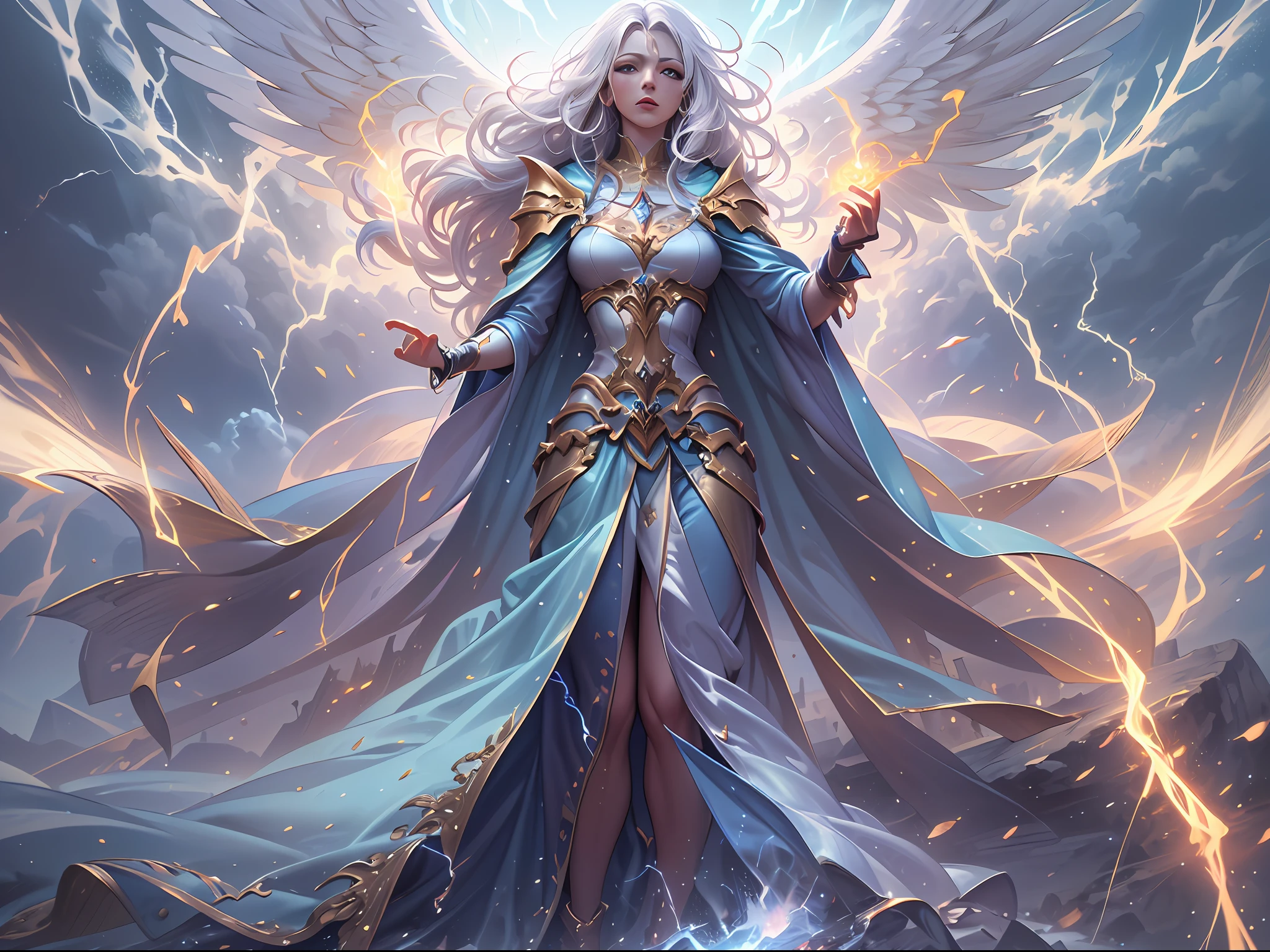 arafed high details, best quality, 8k, [ultra detailed], masterpiece, best quality, (extremely detailed), dynamic angle, ultra wide shot, photorealistim, RAW, fantasy art, dnd art, fantasy art, realistic art, a wide angle picture of a female aasimar sorceress casting a lightning spell, full body  (intense details, Masterpiece, best quality), D&D aasimar, exremley beautiful female aasimar, silver hair, long hair, wavy hair, dynamic eyes color, angelic eyes, radiant magical eyes, ultra detailed face (intense details, Masterpiece, best quality), spread angelic wings, white angelic wings (intense details, Masterpiece, best quality),  wearing [black] robe, wearing blue cloak, long cloak, flowing cloak with lightning motifs (intense details, Masterpiece, best quality), armed with magical staff (intense details, Masterpiece, best quality), manipulating lightning magical energy (intense details, Masterpiece, best quality), controlling lightning, dark fantasy magical tower background, evil temple background (intense details, Masterpiece, best quality), ready for action