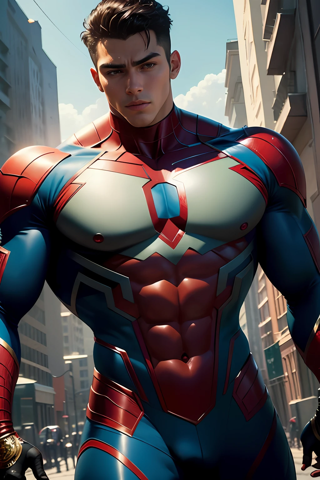 Although very handsome mexican teen brown skin and hair, the whole body of a young-man is realistic, metalic colors, muscular 157 kg shirtless Super Hero Heineken Men's Action  Spider-man Amazing Movie Highly Detailed Artwork Detailed Faces Detailed Suit Cgi 8k Resolution