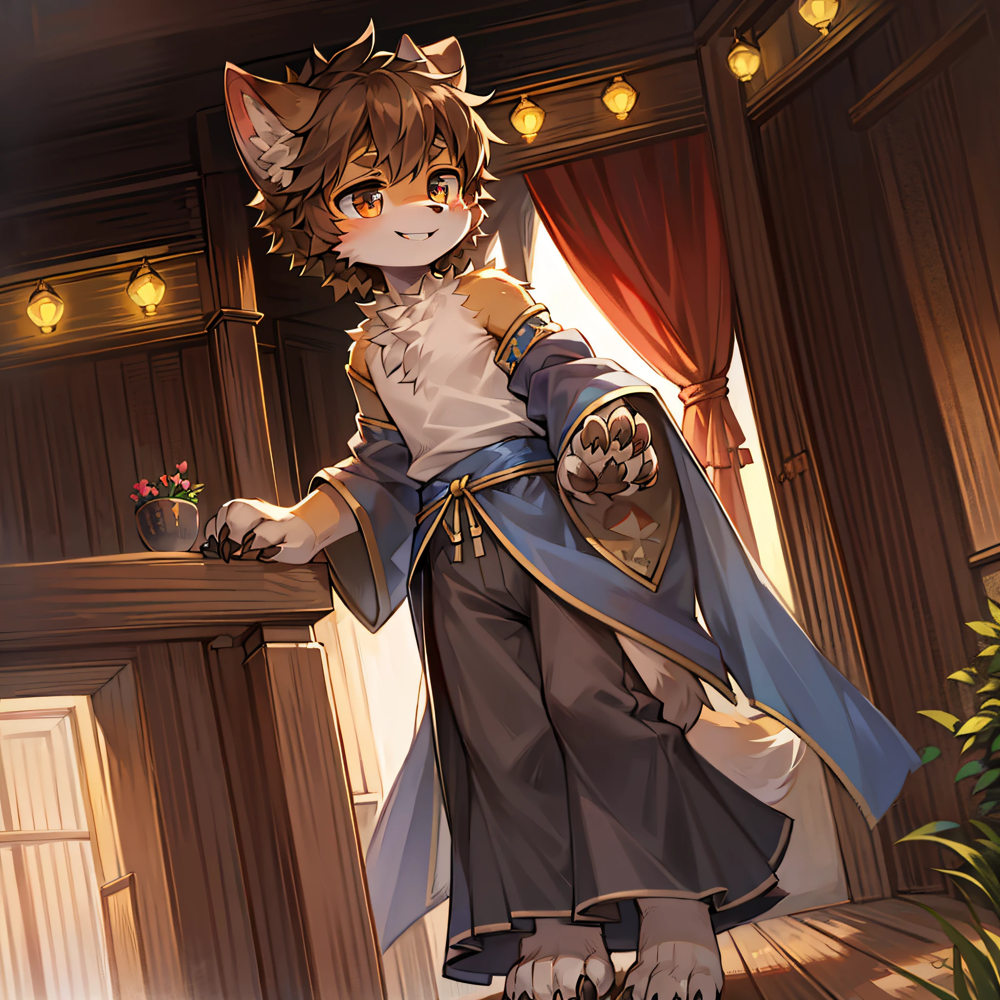Youthful and sunny teenager,Playful and cute wolf-eared boy,Big eyes with curiosity and vitality,Soft gray or brown wolf hair,Embellished with natural markings,Gentle face with a bright smile,The well-proportioned posture reveals a sense of lightness,Elongated paws and foot claws,Details with claws,A boyish atmosphere that retains a bit of a wolf posture,Show curiosity and lively personality when playing,Furry wolf tail,Sometimes curly, sometimes straight。