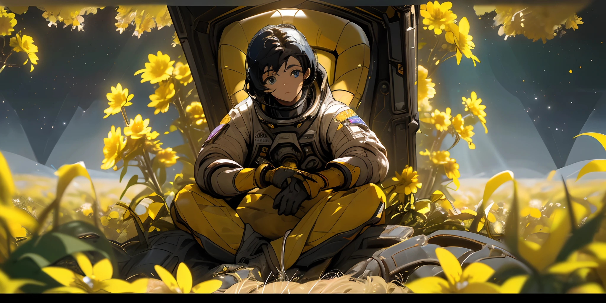 (masterpiece, best quality),cinematic composition, letterboxed, depth of field, solo focus, astronaut sitting in a field of yellow flowers with resting on the ground, gloves, yellow flower, black gloves, spacesuit, science fiction, sunlight, black hair, blue eyes, looking at viewer
