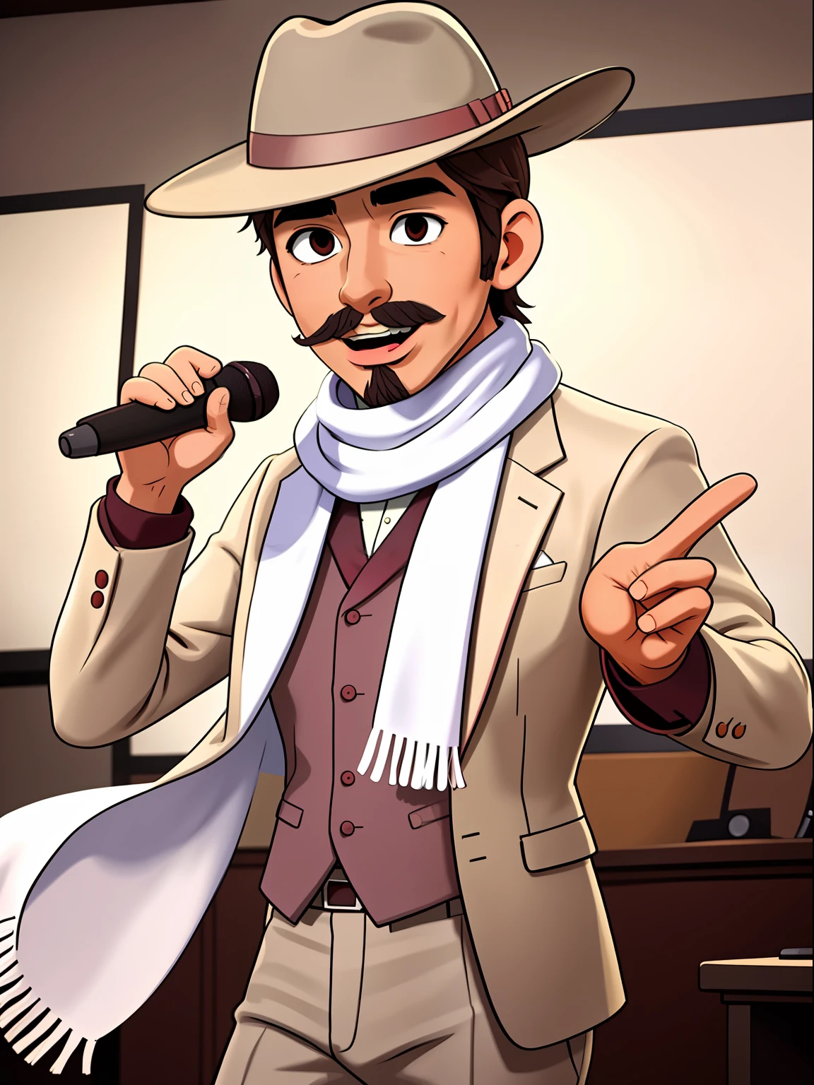 masterpiece,best quality, high resolution, extra detailed, 1boy ginsakiyamato, singing ,fedora, white scarf, holding a mic, dynamic angle, recording studio