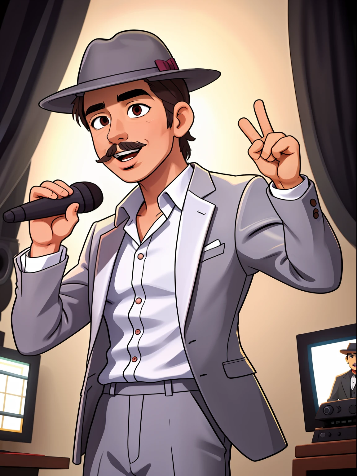 masterpiece,best quality, high resolution, extra detailed, 1boy ginsakiyamato, singing ,fedora, holding a mic, dynamic angle, recording studio