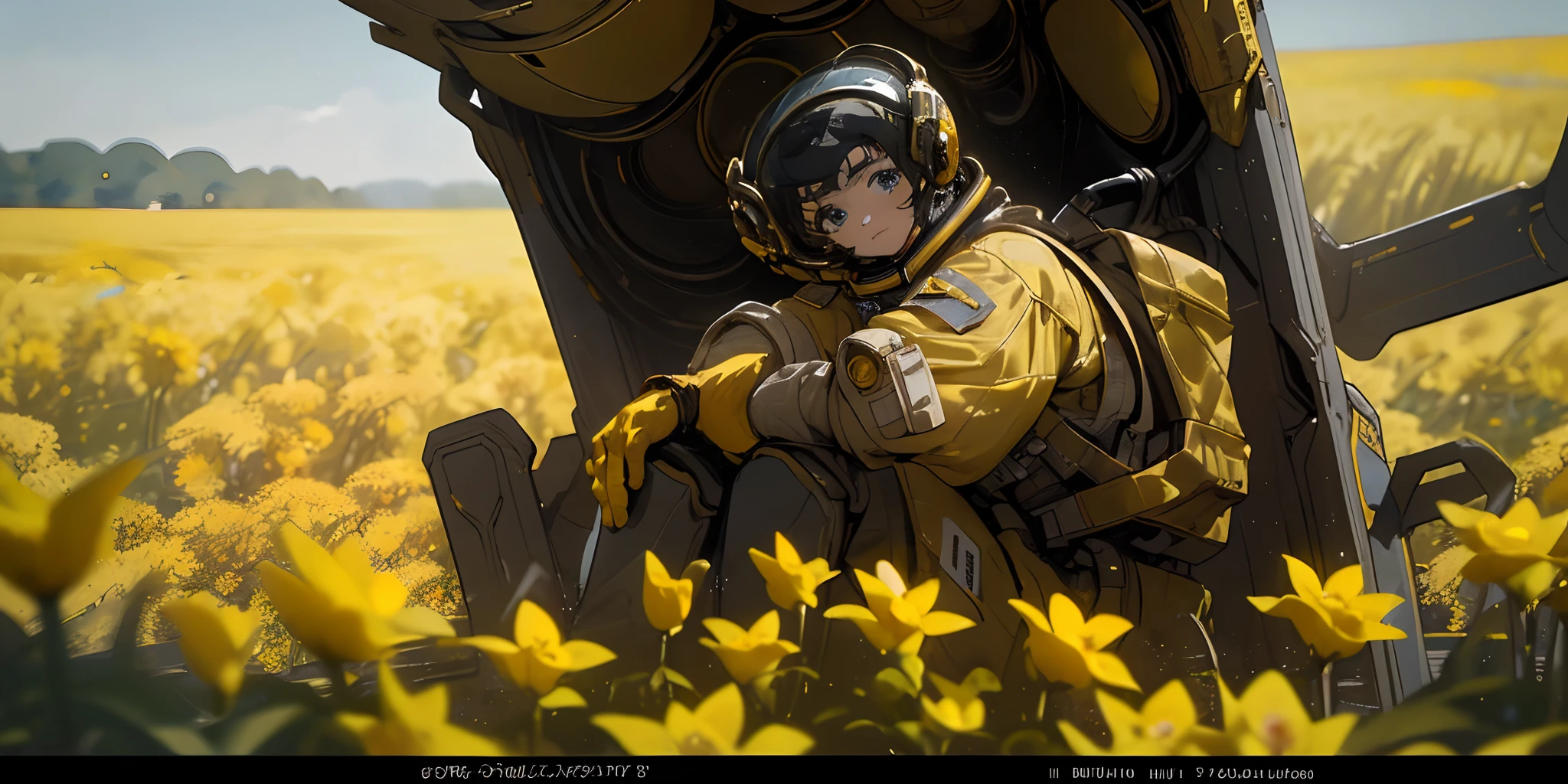 (masterpiece, best quality),cinematic composition, letterboxed, depth of field, solo focus, astronaut sitting in a field of yellow flowers with resting on the ground, gloves, yellow flower, black gloves, spacesuit, science fiction, sunlight, black hair, blue eyes, looking at viewer