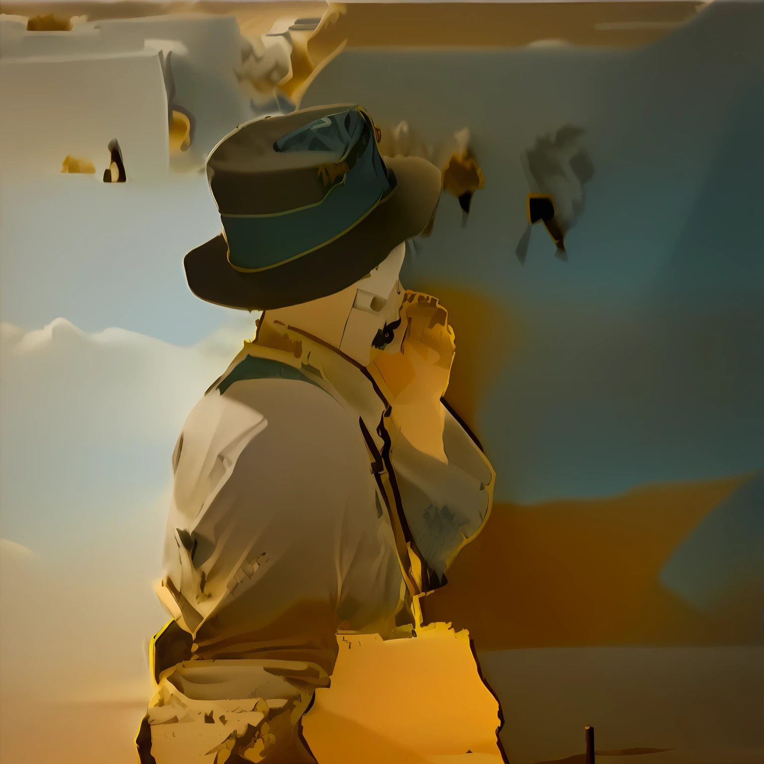 there is a man that is talking on a cell phone, Karat in a brown hat, wearing a travel hat, a suited man in a hat, baggy clothing and hat, Handsome man, clothed in ancient street wear, candid street photography, tipping his fedora, An old man, character with a hat, photo of a man, Someone walks on the sand dunes near the building, film Silk Road landscape, dunes in the background, Mogao Grottoes, sand dune, sand dune, su fu, majestic dunes, shaxi, sand dune, full of sand and dust, sand dunes, on dune, ancient epic tower in the desert, oasis in the desert, temple of the sun