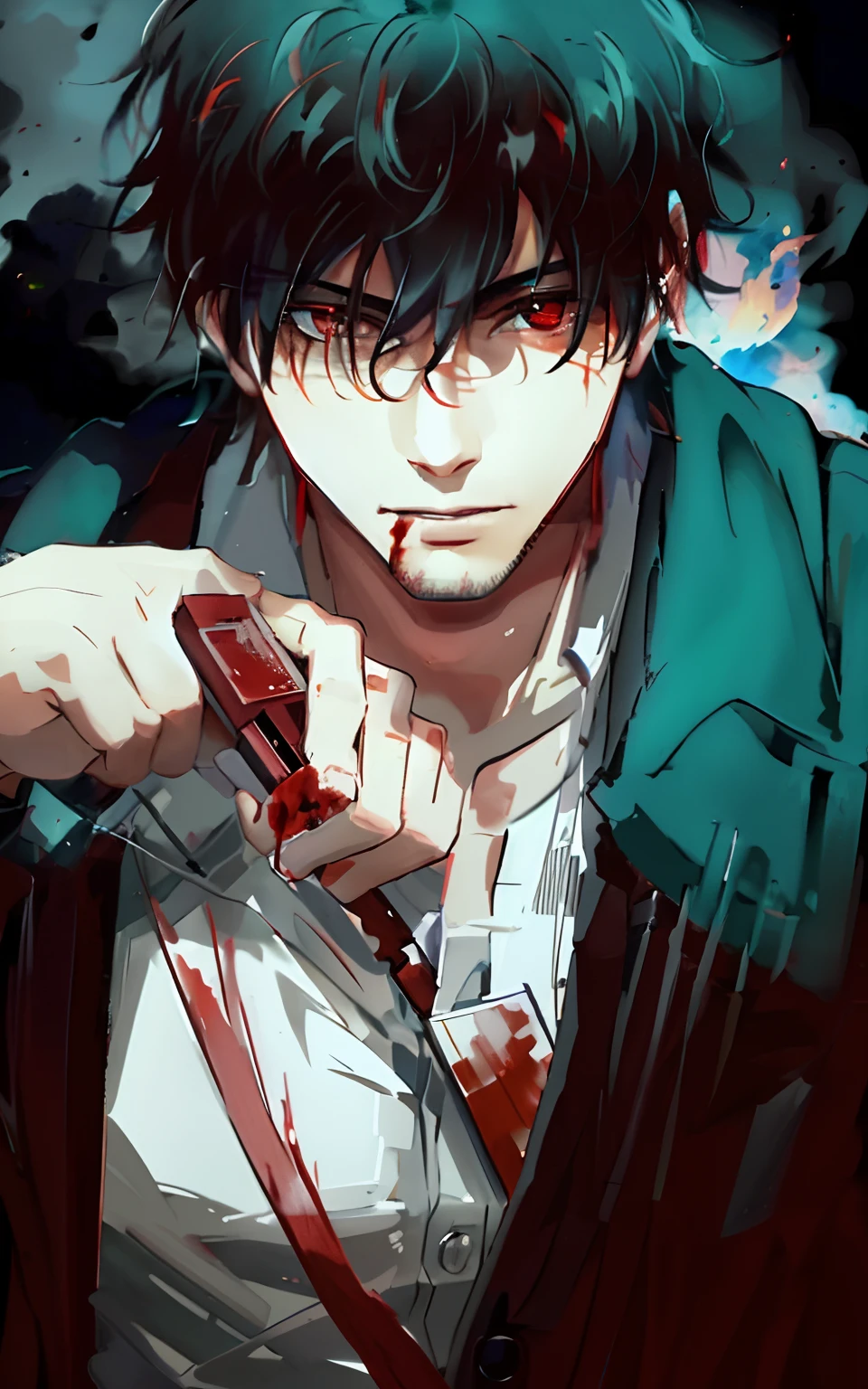 A man with red eyes red scenery with fire looking at viewer with blood in his mouth a gun in hand realistic best quality 4k
