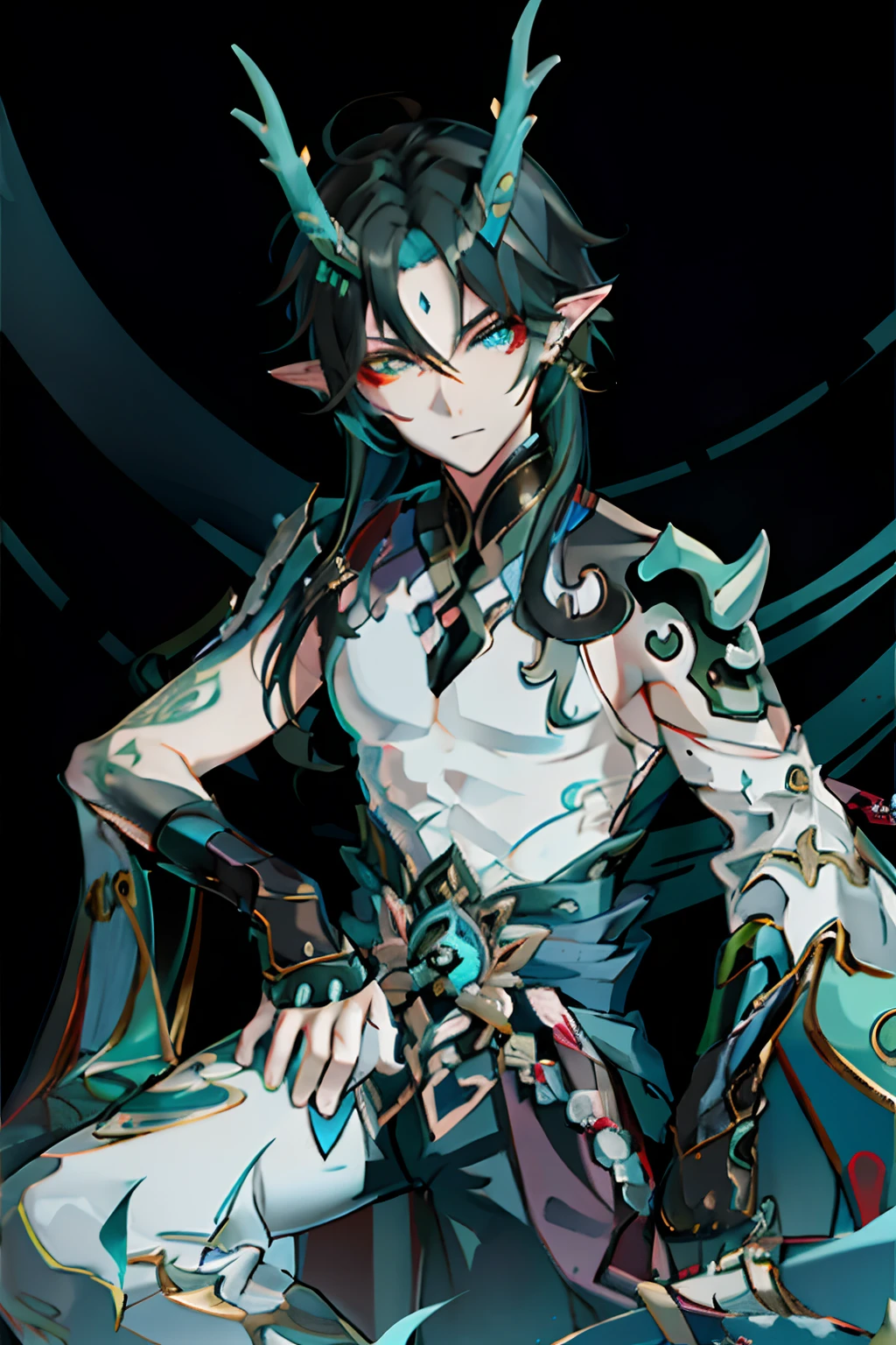 （absurderes，A high resolution，Hyper-detailing，hdr），Dragon's horn，tmasterpiece，best qualtiy，1人，独奏，Handsome，Golden eyes，Fine eyes and detailed face，toppless，Tattooed with，arma，seated on a throne，pervert smirk，Abs，chest muscle，Raised sexy，Ruffian