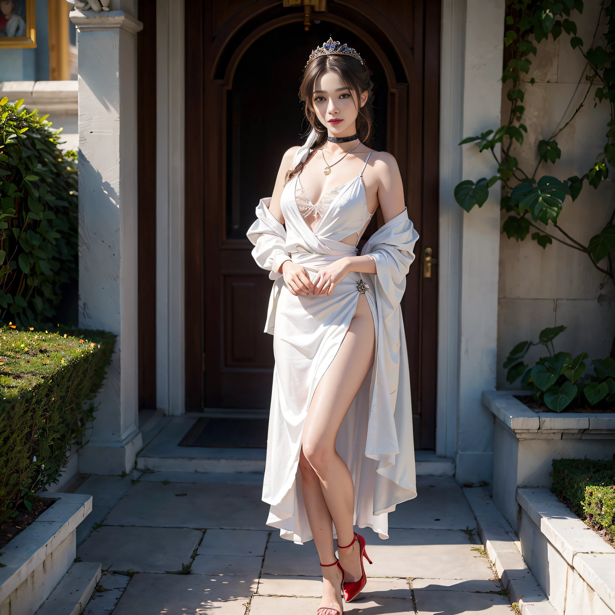 ((masterpiece:1.4)、(top-quality:1.4)、(reallistic:1.7))、Beautiful girl strolling in the garden of an ancient city、Sexy Daughter、Super beautiful girl、1girl in、Dress like a queen、By Luis Royo、age19、Super Ultra Ultra Bikini、Outstanding style、Slender Abs、beauty legs、Beautiful ass、A detailed eye、beautidful eyes、Raw photo、red-lips、Red high heels、a choker、a necklace、耳Nipple Ring、Ancient City Kingdom Royal Palace Room