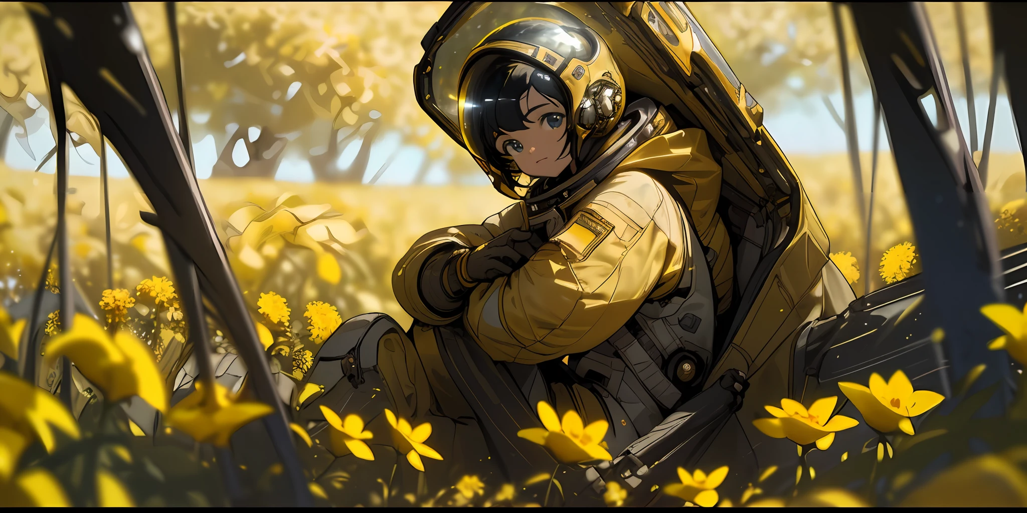 (masterpiece, best quality),cinematic composition, letterboxed, depth of field, solo focus, astronaut sitting in a field of yellow flowers with resting on the ground, gloves, yellow flower, black gloves, spacesuit, science fiction, sunlight, black hair, blue eyes, looking at viewer