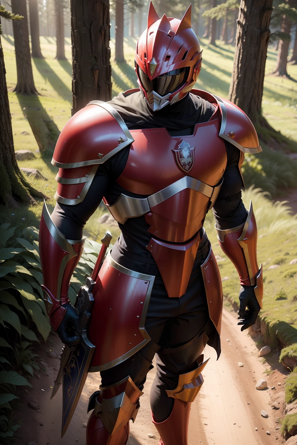 Power ranger vermelho, em uma armadura medieval com suas armas medievais, intimidador, Epic backdrop of grassy forest and evergreen light, escudos e espadas espalhados, magical ambiance.