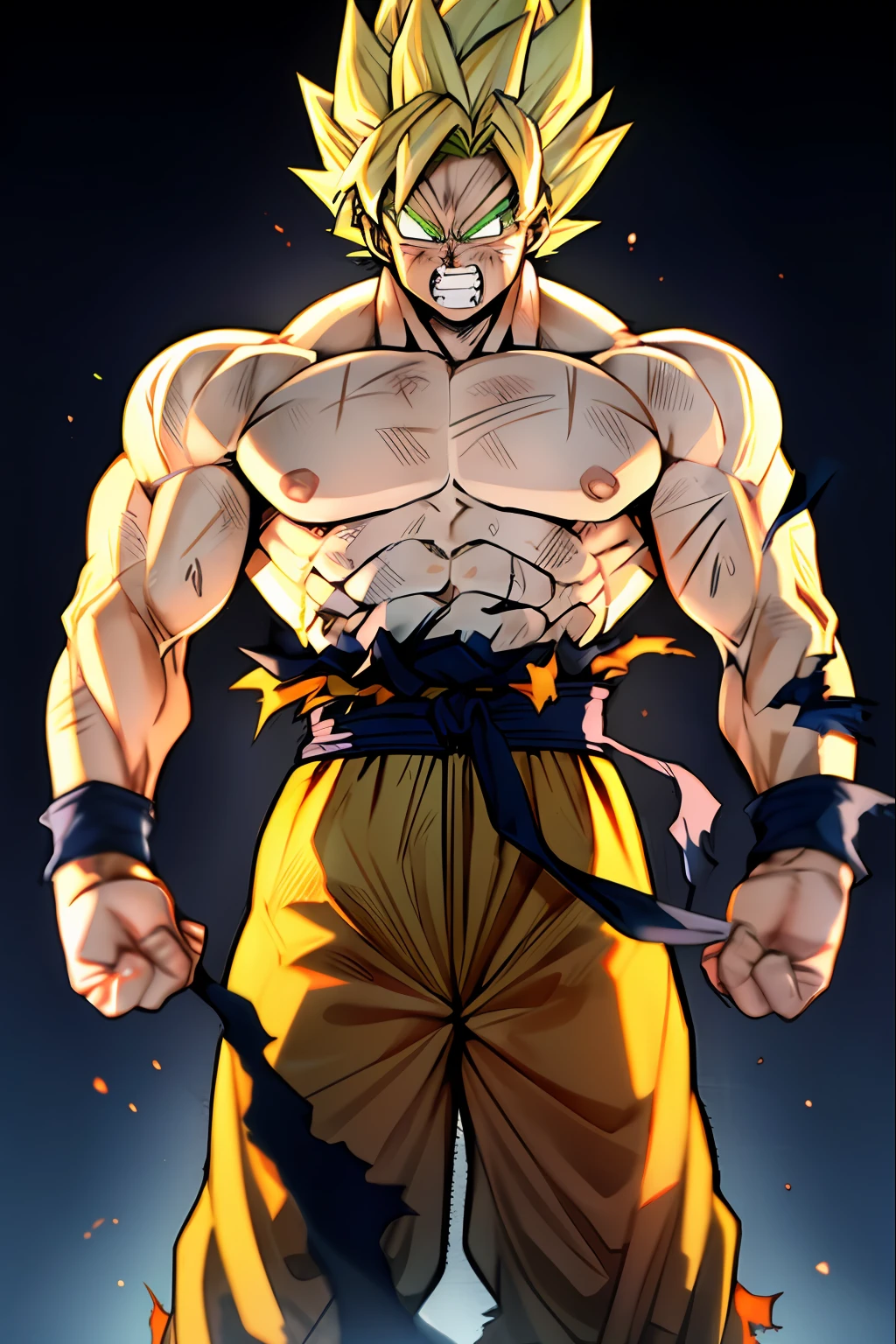 son goku, 1boy, angry, battle damage, blonde hair, blue sash, clenched teeth, furious, green eyes, male focus, muscular, muscular male, pectorals, sash, solo, spiked hair, super saiyan, super saiyan 1, teeth, topless male, torn clothes, wristband, ((masterpiece))