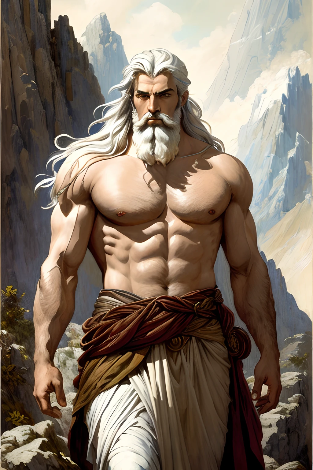 painted portrait of rugged zeus, god of thunder, greek god, on Mount Olympus, white hair, full body, mature, handsome, fantasy, intricate, elegant, highly detailed, digital painting, artstation, concept art, smooth, sharp focus, illustration, art by gaston bussiere and alphonse mucha