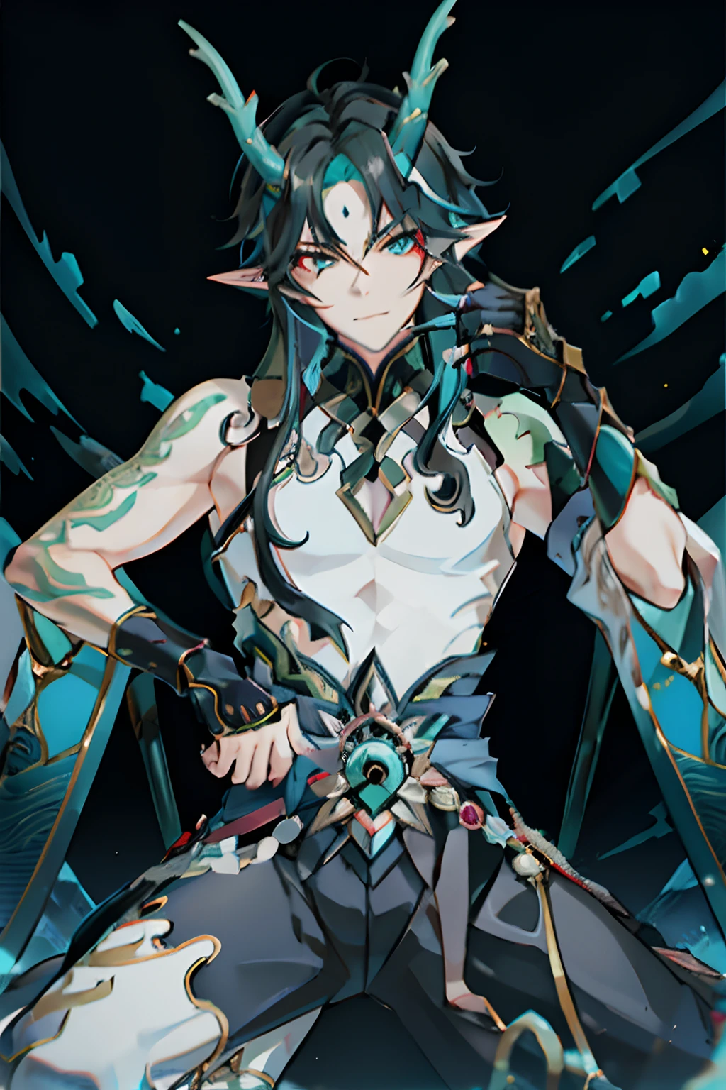 (absurderes,A high resolution,Hyper-detailing,hdr),Dragon's horn,tmasterpiece,best qualtiy,1人,独奏,Handsome,Golden eyes,Fine eyes and detailed face,toppless,Tattooed with,arma,seated on a throne,pervert smirk,Abs,chest muscle,Raised y,Ruffian,Erlang legs